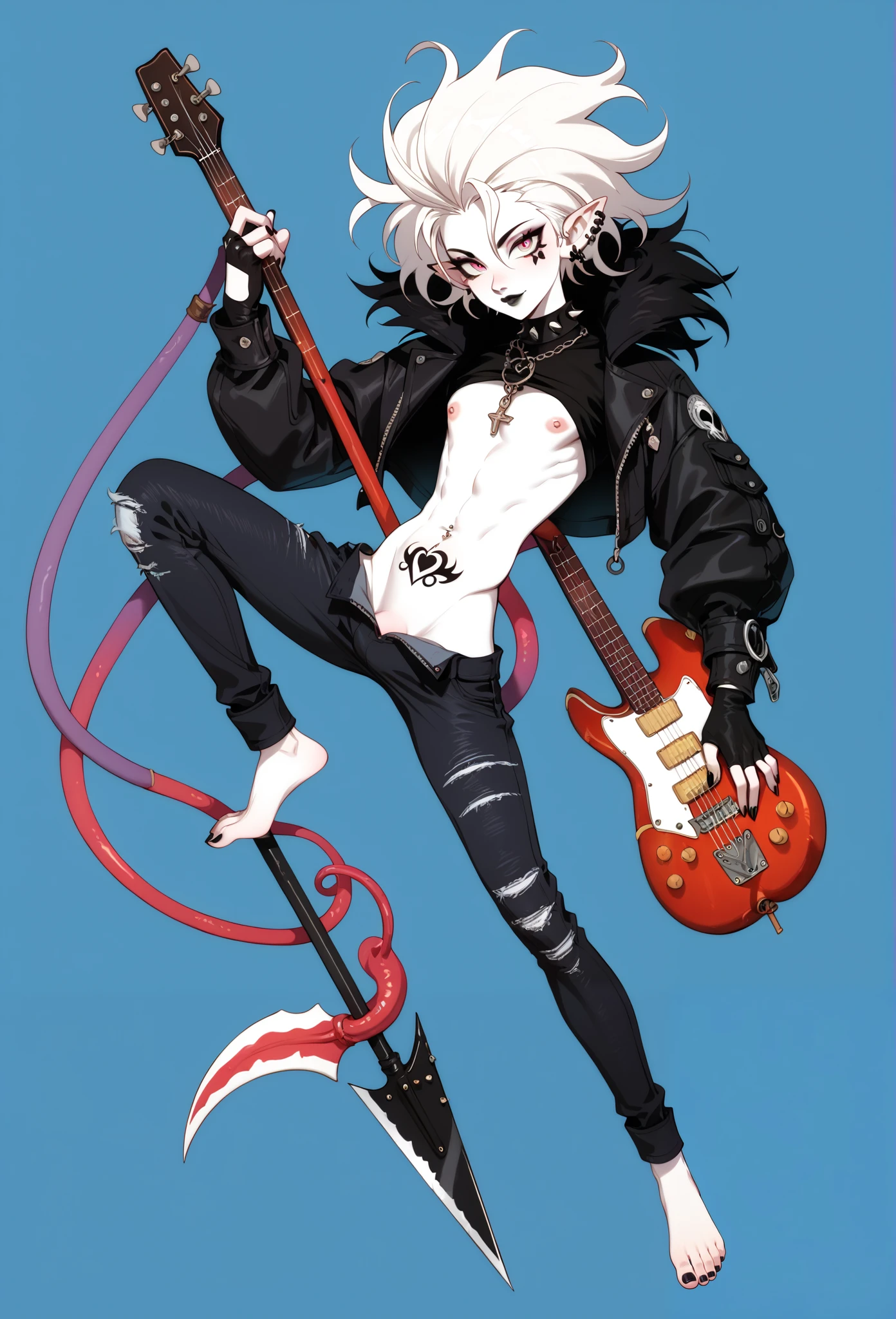 Oc, a alien white pale skin skinny buff femboy man wearing black pants,halfnaked,barefoot,metal,ferocity,black tattoos on the body,long black messy hair,thick,black nails,black lips,pointed ears,in an 90’s style. He’s androgynous , fullbody,equipped with a hybrid axe-guitar and a sensual,horny,cool expression.The scene has a cool,sweet,heavy metal,Bill Sienkiewiczy/Planescape Torment style and a vibrant tone.Rocknroll setting in the background.