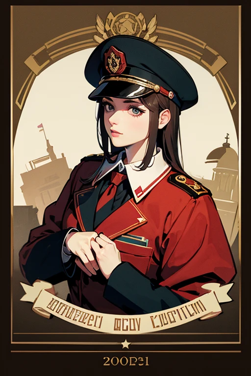 absurd, one girl, ccc poster, soviet poster, red monochrome, soviet poster, soviet, calling, upper_body, flag, rocket, spaceship, parade, salute, military uniform