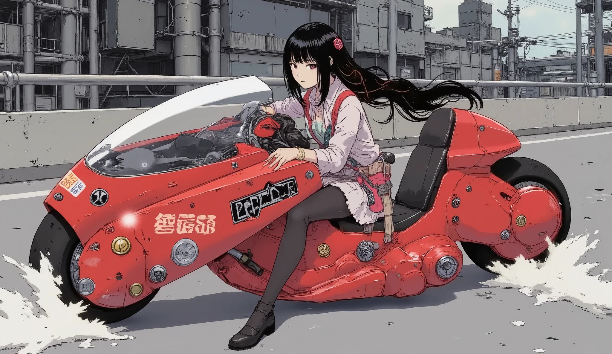 Akira Slide 、 beautiful Japanese high school girl 、uniform,  black hair,  straight long hair、 hold and use a photo of stylish hair  、Akira Bike、 is anatomically correct、 expressway、