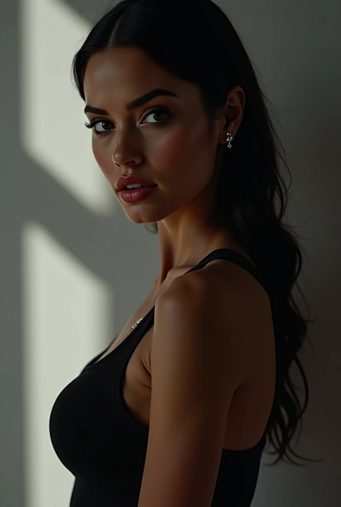 a very realistic and detailed photo of beautiful french woman, tight black dress, perfect makeup, long straight sleek dark ponytail hair, high quality, photorealistic, 8k, luxury, elegant, sophisticated, confident, studio lighting, cinematic, glowing skin, piercing eyes, full lips, sharp focus