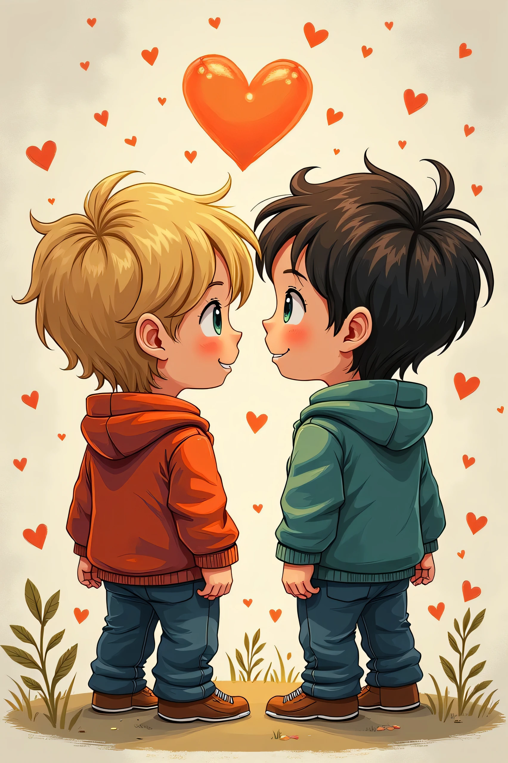 Create a detailed image of two Minecraft-style characters hugging. The first character has light brown hair, wears a white hoodie, and blue jeans. The second character has blonde hair, wears a red hoodie with a yellow lightning bolt on the front, and dark pants. They should be standing in a simple, neutral background with their arms around each other, showing a warm and friendly embrace." os dois sao homens e é um abrsço de amigo de frente para a camera os dois sem se beijar