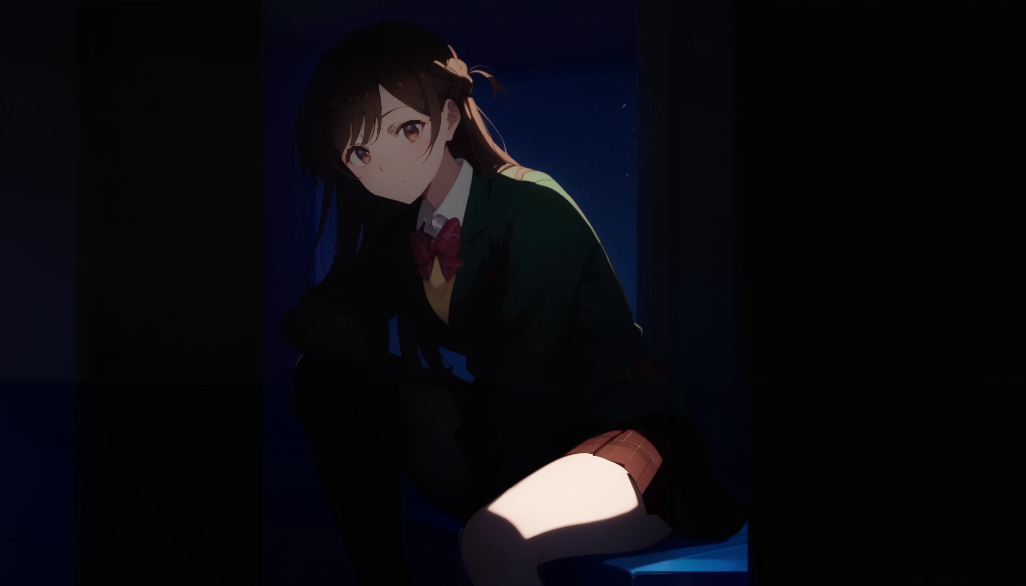 green, half-open, and stare at the viewer, Alone, Chizuru Ichinose, 1 girl, brown hair, long hair, French Braid , brown eyes, school uniform , green jacket, yellow sweater , bow tie, plaid skirt that breaks small breasts, red skirt, Black Sox, 屋内で, locker, window_,Late Night, Closeup shot thick and puny, thighs、 holding your knee