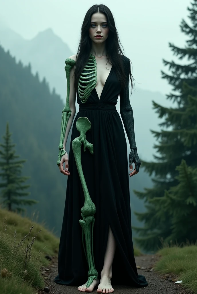 ((best quality)), ((masterpiece)), (detailed), perfect face
A full image of death itself her , smoking shady eyes, long black hair, ear piercings, black suit, long black clok, with open chest, skeleton hands covering half part of her breasts, standing, smirking.