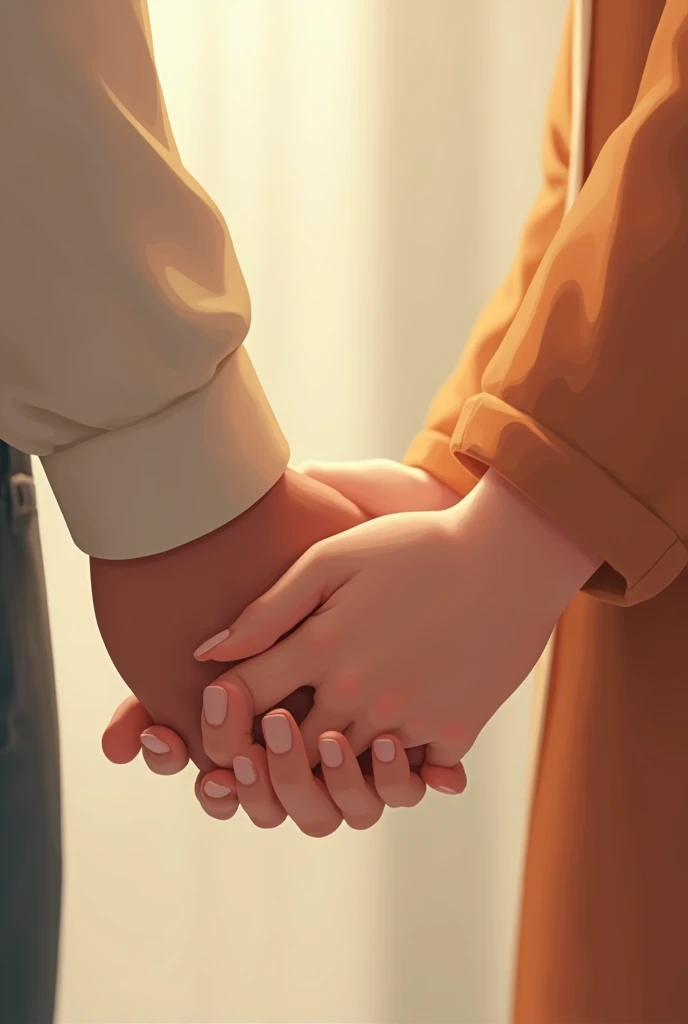 Anime japan style of a Muslim woman stopping herself from shaking hands with her brother-in-law. The focus is on the woman's hand raised as if to refuse, with both of them dressed modestly. The background is neutral and soft, emphasizing the clear boundaries without distractions