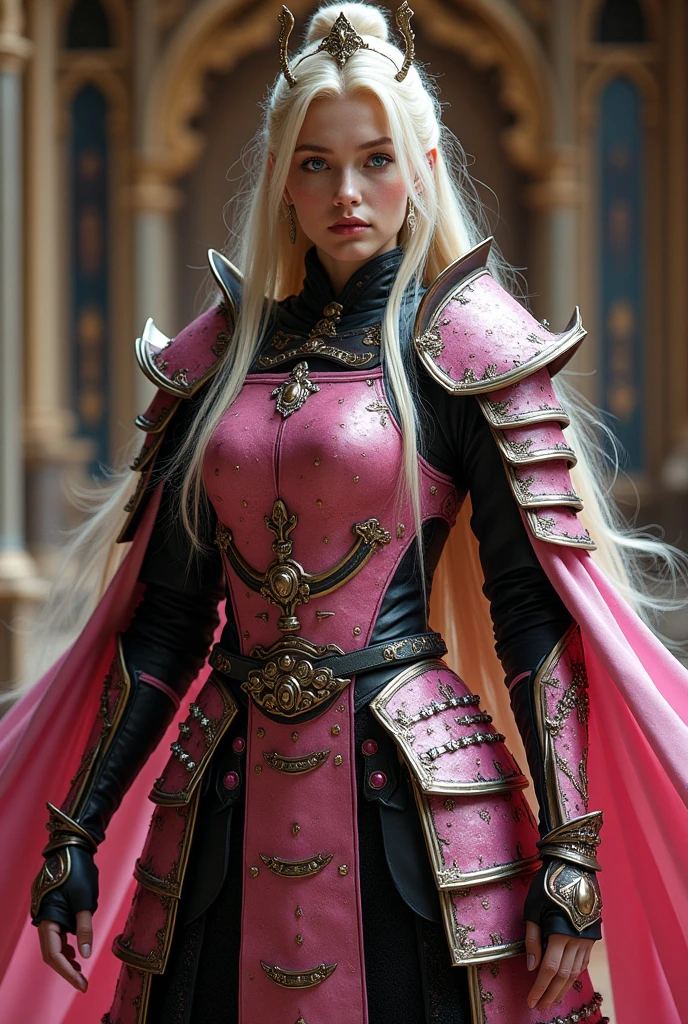 full body photo of an beautiful sexy Princess Peach, pink and black samurai armor, blond shiny hair, bright blue eyes, ((white girl)), dainty crown, standing in a wide pose, in a luxurious castle, full body image, full body legs and feet in the picture, Cowboy shot, low angel photo, detailed face
