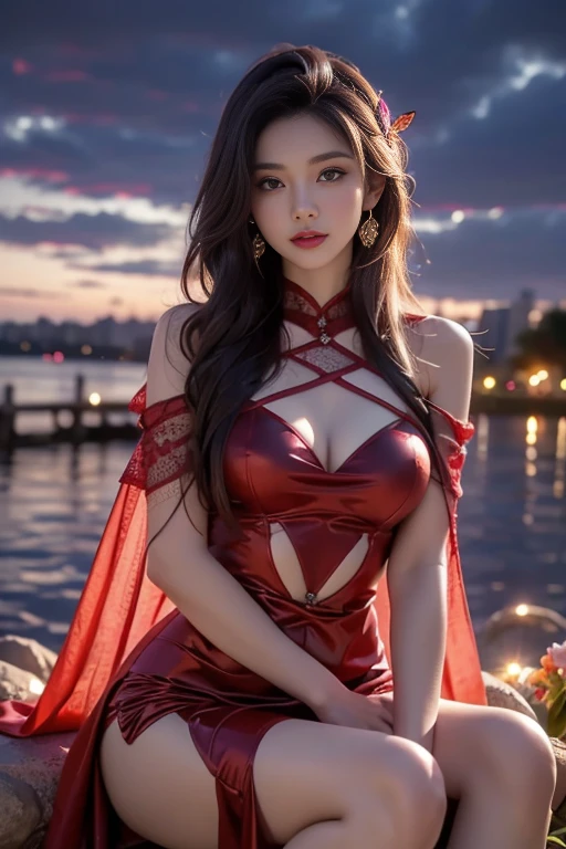 ((Top quality、8K、Masterpiece:1.3))、Extremely delicate beautiful girl,full-body shot,Huge breasts,Bigger breasts,amazing breast size,G cup。Wear big earrings,Very white skin,moist red lips,Very thin waist,Very thin thighs,Big Ass,fair and smooth skin,Smooth and fair skin,flawless skin,Fair and shiny skin,Cold white skin,Camera on chest,Deep cleavage,showing her breast,(Big V-neck exposed breasts),bright light,Red lace dress,Red gauze dress,Lower body exposed,Bare shoulders,Light pink hair,The hair is light pink,blizzard,Snow Mountain,Sunset,lake