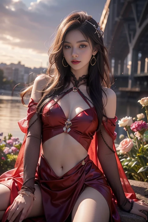 a beautiful ice goddess, perfect slim body, good face, very long hair, realistic eyes, small breasts, ice magician, ice elemental, intricate design and details, chilling mist, cold, blizzard storm, conjuring ice spell, casting ice spell, detailed clothes, (red cloth:1.5), (strap waist:1.5), realistic ice effect, snow particles, dark fantasy art style, ruined city, dramatic lighting, cinematic,