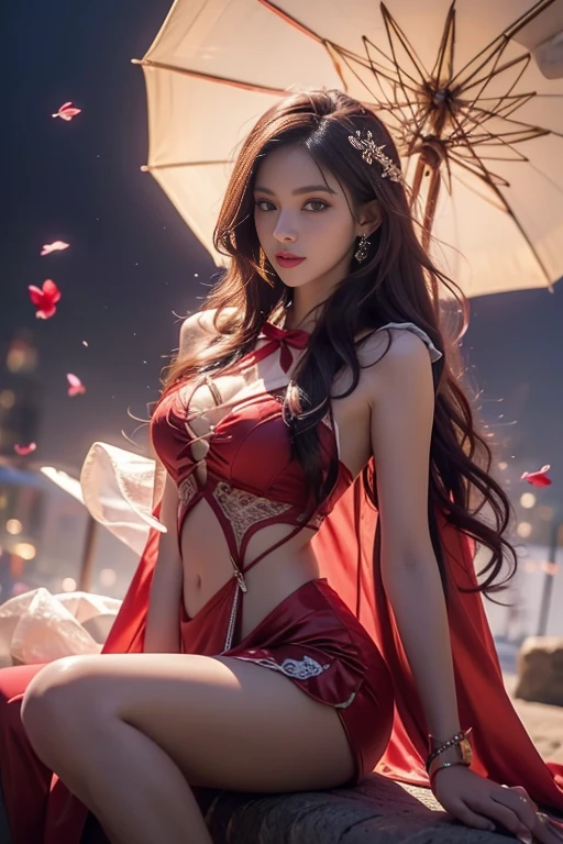 There is a woman in a red dress posing for a photo, moon themed costume, astral witch costume, fantasy costume, anime girl cosplay, beautiful celestial mage, inspired by cold plum, bandeau dress, popular on cgstation, celestial goddess, April rendering, red, dream medium portrait top light, red skin, amouranth, fantasy dress
