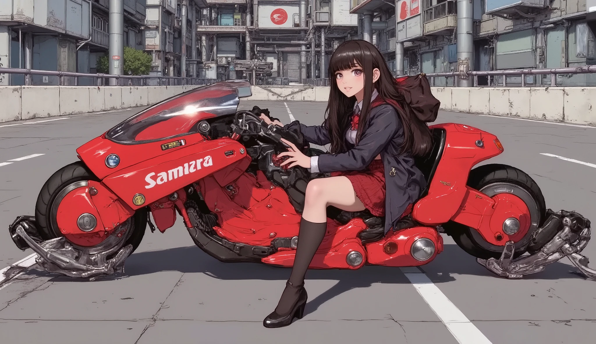 Akira Slide 、 beautiful Japanese high school girl 、uniform, black hair, straight long hair、 hold and use a photo of stylish hair 、Akira Bike、 is anatomically correct、 expressway、 high resolution、 best image quality、 greatest masterpiece、