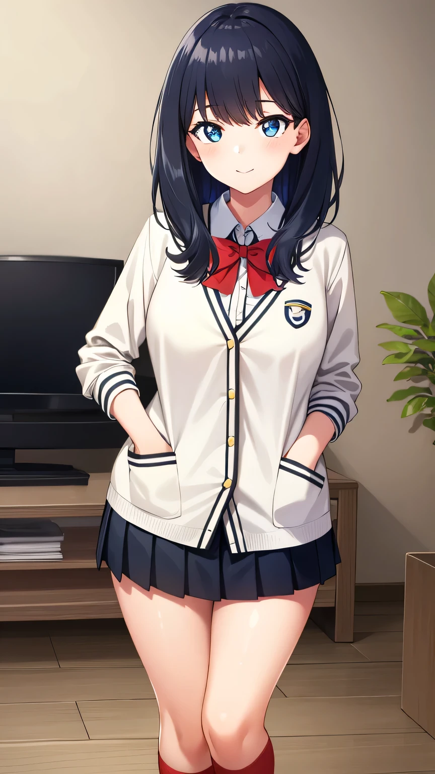 {{{masterpiece}}}, (best quality:1.5), (ultra-detailed:1.5), {illustration}, {{an extremely delicate and beautiful}}, (beautiful detailed eyes:1.6), absurdres, highres, extremely detailed face, 16k, hd, visual anime de uma jovem mulher, extremamente bonito rosto de anime, anime melhor garota, (perfect hands, perfect anatomy), anime face, Rikka, rikka takarada(SSSS.Gridman), cute face, 1girl, solo, black hair, medium hair, sidelocks, blue eyes, (High resolution eyes, Beautiful eyes, Light in the eyes), medium breasts, big hips, curvaceous, plump thighs, BREAK, white cardigan, close cardigan, buttons, long sleeves, white sleeves, white shirt, collared shirt, red bowtie, orange wrist scrunchie on right wrist, (black skirt, microskirt, pleated skirt), thighs, red socks, crew socks, BREAK, cute face, big eyes, smiling, flushed cheeks, standing, indoor, living room, Modern living room, analog tv, flooring, black sofa