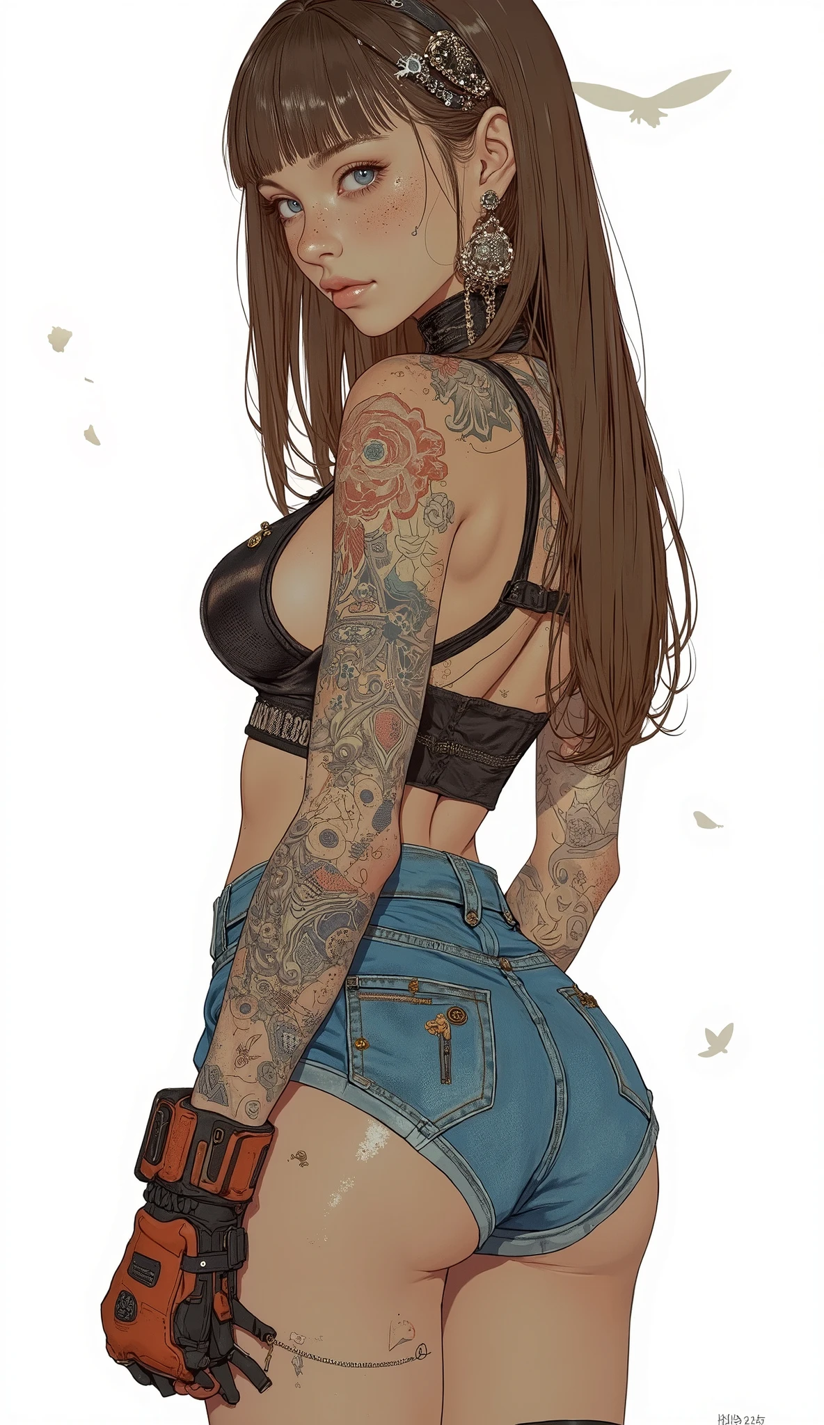 ((sexy girl ,young)), glamorous, slender, hilda, street hooker clothes, moistened eyes,blush, prostitute, slutty, (makeup), eyeshadow, thong, tattoo, piercings, tattoo on breast, (tattoo on tits), tattoo on thigh, neon lights, outdoors, neon lights, spiderweb tattoo, derogatory bodywriting, hotpants, graffitti on walls, brothel, cigarette, lots of tattoos, nice hips,