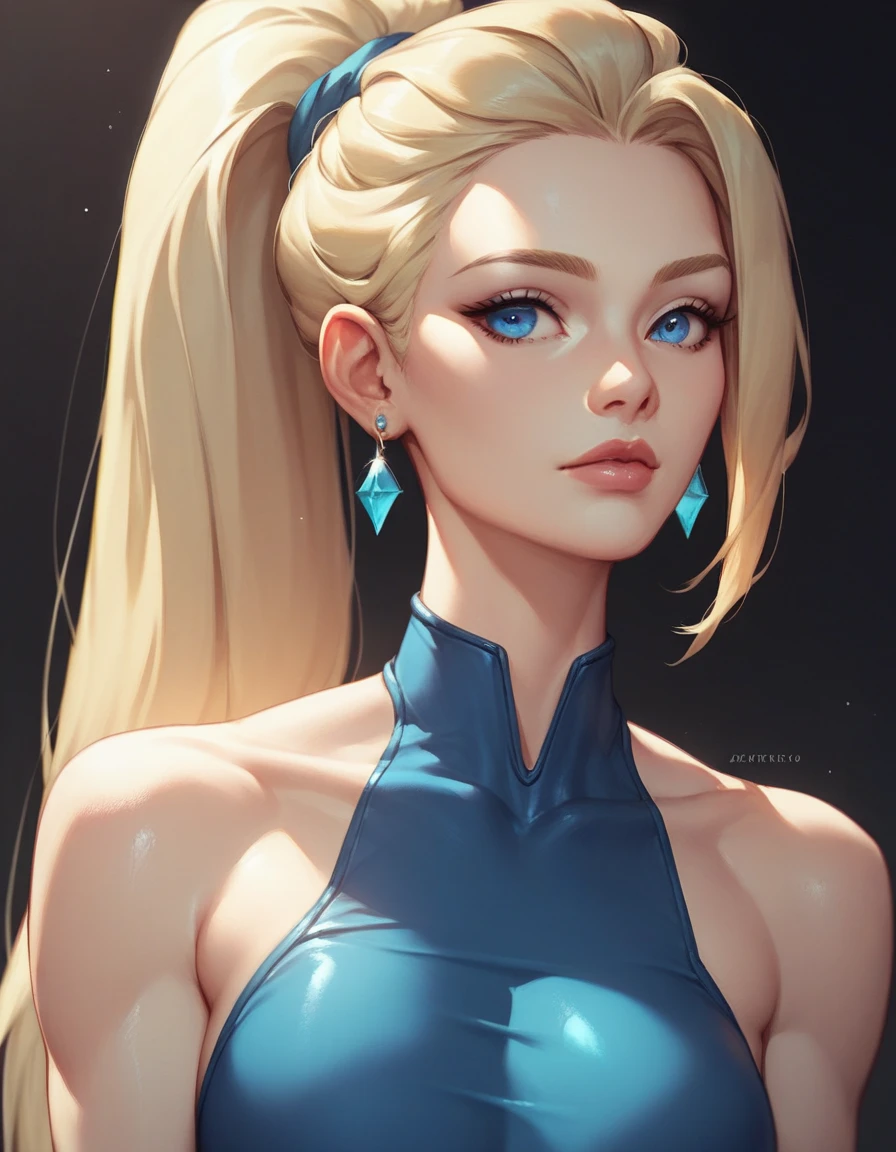 Face off a woman quiet realistic with blond hair and dark eyes and with a little bit off button 