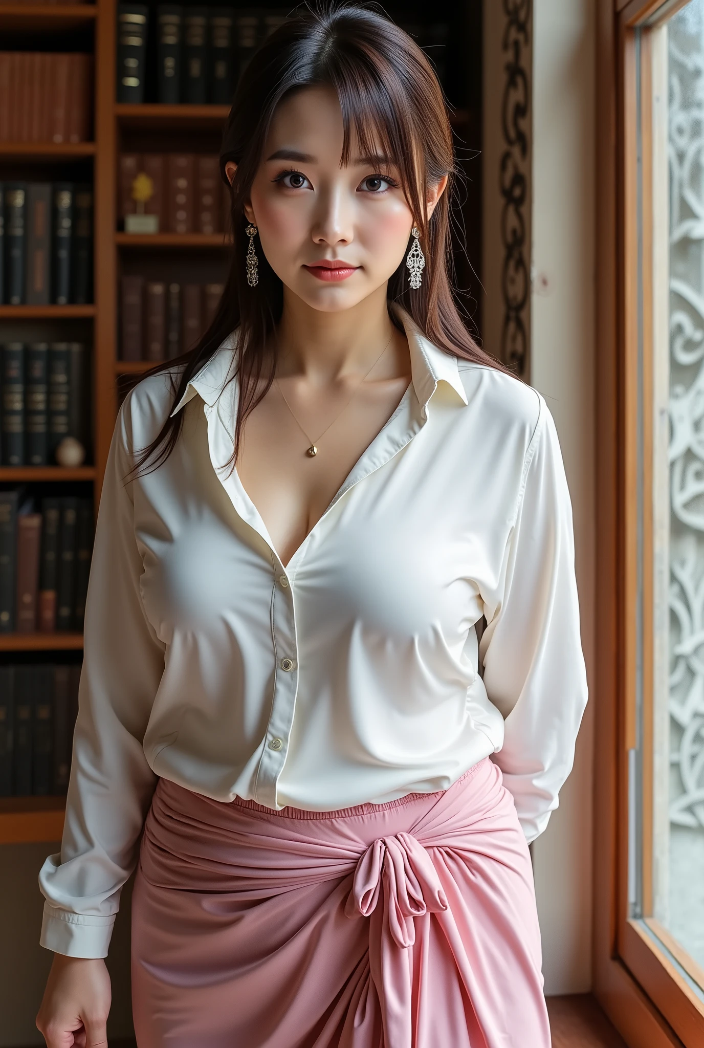 ((a cute japanese beautiful mature lady,curvy,55 years old):1.2),((shiny brown straight hair)), ultra-detailed, beautiful detailed eyes, detailed light,((bouncing breast and big buttocks and narrow waist,cleavage, laugh)), looking at viewer,(wearing a tight-fitting white silk shirt and a pink silk layer skirt, She is sweaty, her shirt is wet , hand put on breast,dynamic pose by Window in a large library, wearing a lace panties are visible:1.2) ,(skirt lift),(fullbody shot from side below:1.2 ), (complex abstract background),earrings