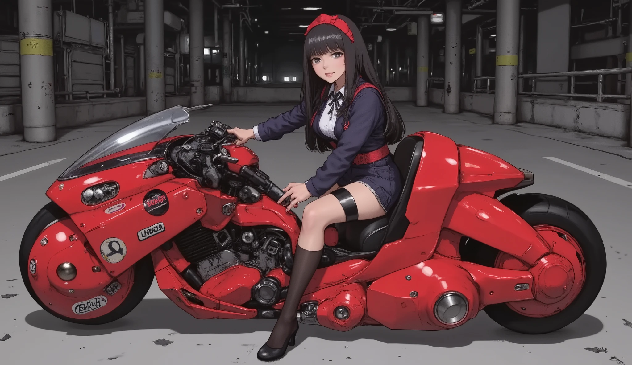Akira Slide 、 beautiful Japanese high school girl 、uniform,  black hair,  straight long hair、 hold and use a photo of stylish hair  、Akira Bike、 is anatomically correct、 expressway、 high resolution、 best image quality、 greatest masterpiece、