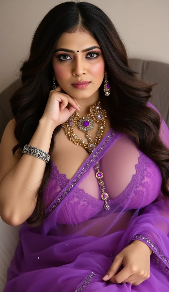  ultra realistic 8k cg, picture-perfect face, flawless, clean, masterpiece, professional artwork, famous artwork, cinematic lighting, cinematic bloom,
super realistic 8K, Perfect, clean , masterpiece, Professional artwork, famous artwork, face perfect, 


43yo girl, solo, alluring step mom,(sexy Bangladeshi women:1.2),
beautiful woman,very sexy appearance, seductive , rosy cheeks, smooth skin, 
huge breasts, smooth face, detailed face, smooth skin,shiny skin,highly detailed  face, detailed face, perfect proportions, well-proportioned body of six heads, huge breasts, thin waist, navel, big butt , crotch gap, large thighs,mature,toned legs, long neck, big ,detailed hair, ,detailed breasts, slim waist,beauty, long eyelashes, hourglass body, juicy lips,Beautiful expression, beautiful  eyes, 
Looks good with straight long hair,

Black  hair, long hair, silky hair, detailed bangs, (hair between eyes:1.2),

((Light olive eyes:1.2)),
gorgeous bright neon blue eye makeup and thick black winged eyeliner, peachy matte lipstick, looking into the camera,  
  detailed eyebrows,

(hourglass body:1.3), ultra detailed, best illustrated, showing off, seductive_pose, sexy eyes,full-body_portrait, Intrinsic exquisite details of (eyes,  hair,  skin,  face,  hands,  fingers,  anatomy),  stunning otherworldly beauty, sexy pose, 

She is wearing (Magenta Georgette Saree:1.5),(Teal Lace Bell Sleeves Blouse:1.5),

full and juicy lips(dark red lipstick), belly jewelery, pearl necklace, pearl ear_rings, perfect fingers and nails, red_fingernails, golden ratio, seductive_pose,  big_boobies,deep cleavage,
,professional photoshot, incredibly beautiful woman in the form of a 'Desi Milf', elegant wild beauty and attractiveness, seductiveness and inaccessibility, beautiful, photoshot for Vogue magazines, sensual, ultra detailed, ,mature female,1 girl,cowboy_pose,naughty, (iu:0.8),cleavage, 