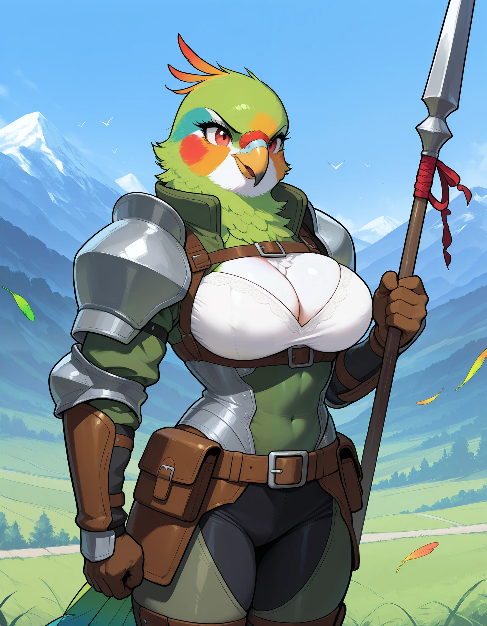 score_9, score_8_up, score_7_up, score_6_up, score_5_up, score_4_up, source_anime, masterpiece, cool image, anthro, birdgirl parakeet, female, feathered chest, wearing reduced battle-armor, opened chest_armor, cleavage, absurd_armor, leather straps, perky tits, colorful feathers, juicy tits, DETAILED, (UHD 8K), mountain cliff view on the background, (battle_bird:1.1), holding a spear
