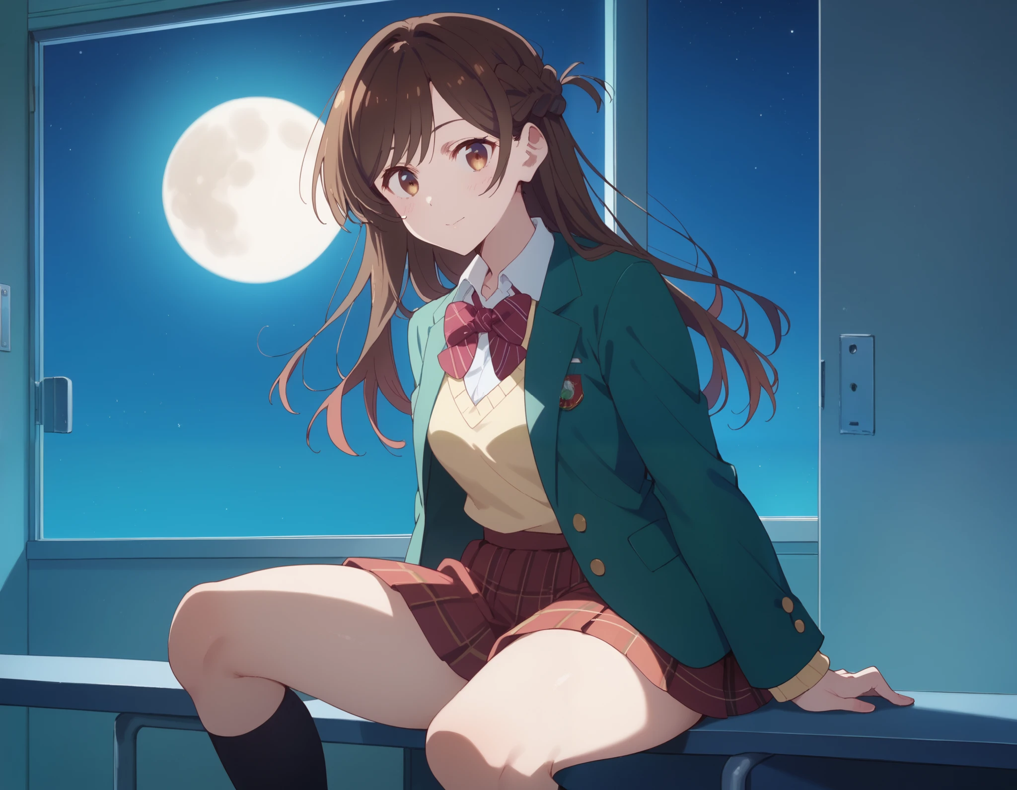 , and stare at the viewer, Alone, Chizuru Ichinose, 1 girl, brown hair, long hair, French Braid , brown eyes,  school uniform , green jacket, yellow sweater , bow tie,  plaid skirt that breaks small breasts, red skirt,  Black Sox,In a completely dark room, locker,  window_Around 12 o'clock in the middle of the night , Moon and Stars、Close-up shot of thick, puny thighs、 holding your knee