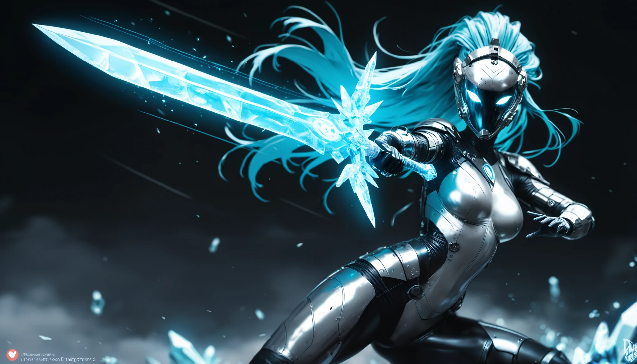 (best_quality, masterpiece:1.2), (highly detailed), (uhd, high_resolution, highres), female, battle stance, holding sword, crystal sword, vibrant mystical glow, medium breasts, futuristic warrior, ornamented helmet, sleek blue-white design, aerodynamic lines, metallic details, magical alien tech origin, pulsating glow, long hair, looking at viewer, powerful, mysterious, dingdall effect, 