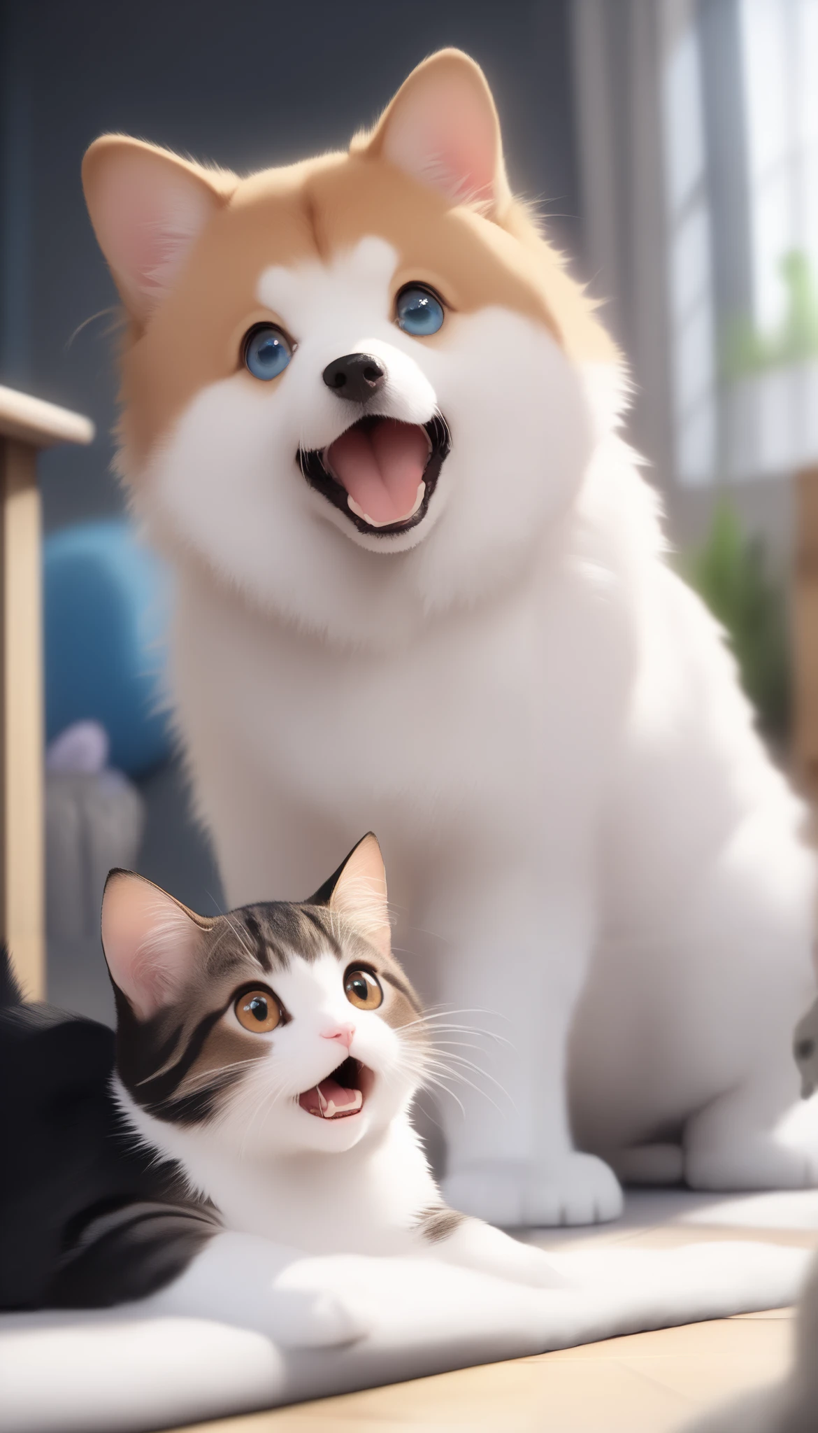 Cute dog, cute cat, fight, dynamic action poses, cute detailed fur textures , Playful expressions , vibrant colors, natural light, Realistic, 8k, top quality, ( Masterpiece:1.2), super detailed, ( by Nomi:1.37)