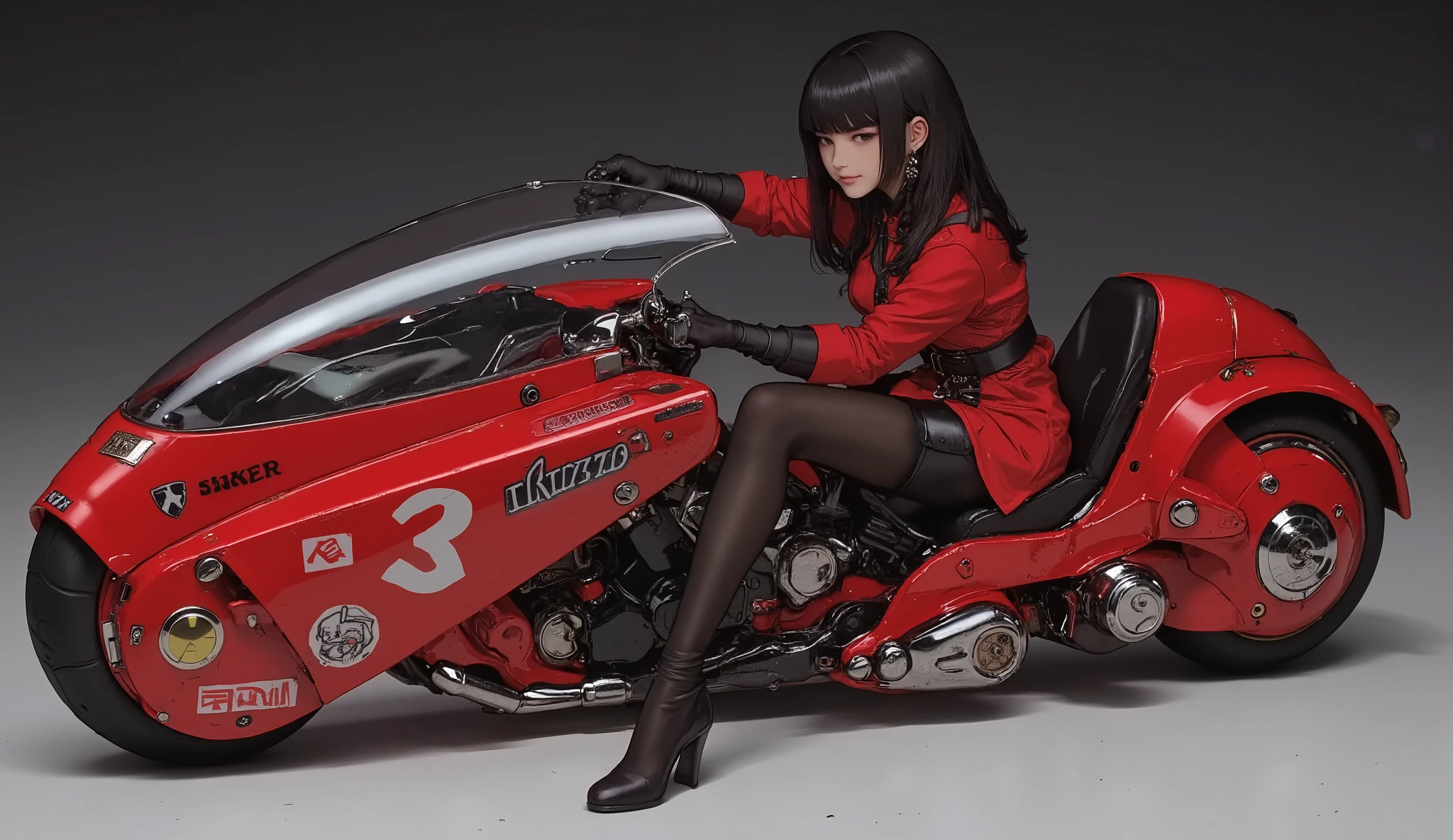 Akira Slide 、 beautiful Japanese high school girl 、uniform,  black hair,  straight long hair、 hold and use a photo of stylish hair  、Akira Bike、 is anatomically correct、 expressway、 high resolution、 best image quality、 greatest masterpiece、