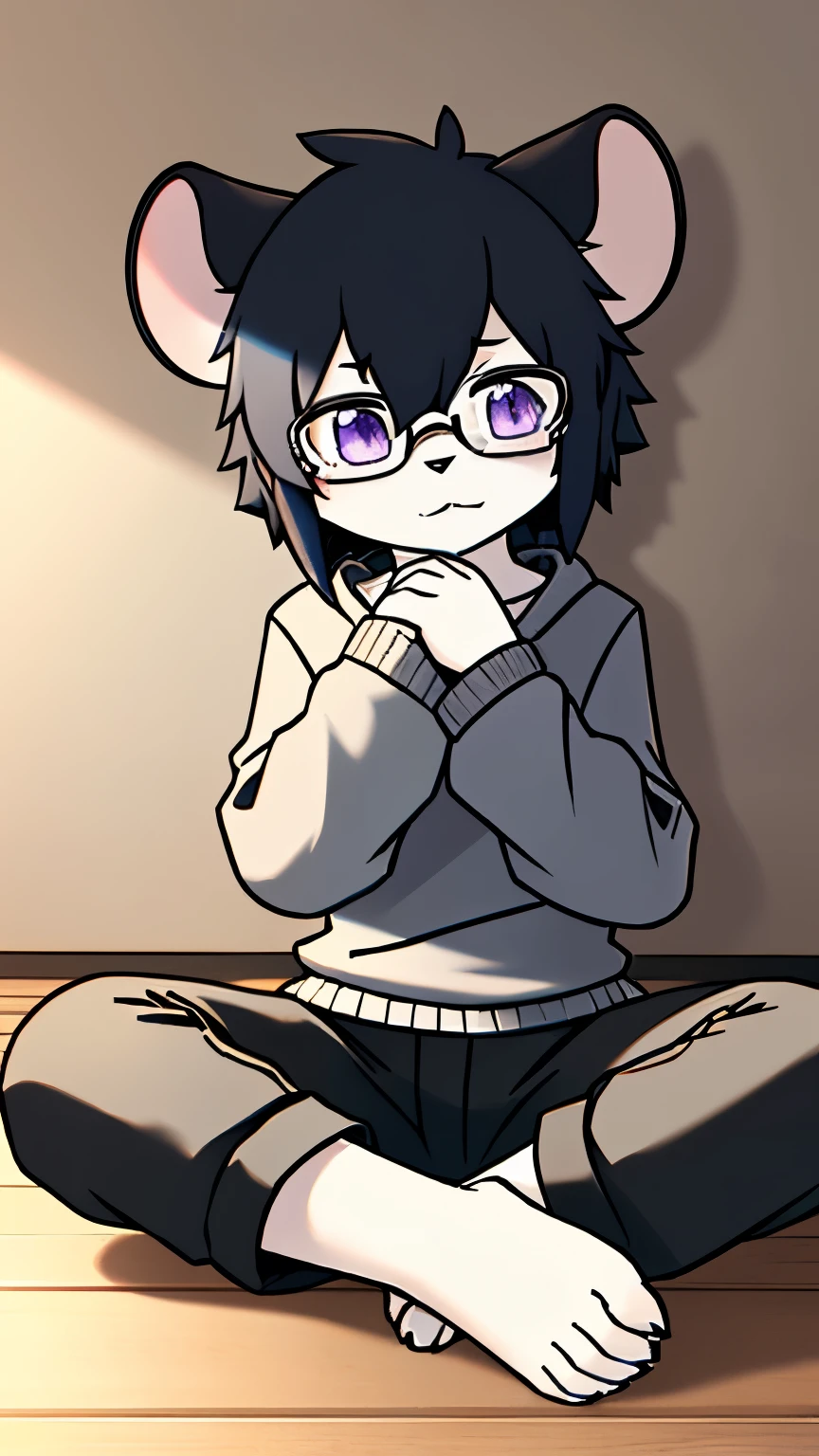 emer one ld {x} furry , alone, full body fur, emer one ld {x} furry毛, White Paws , Grey hair , , Dark grey trousers, gray ears, gradient hair color , black glasses,Pan-purple , light black hair, bangs, boring , Dark Grey Hair , medium length hair , bangs, Framed Glasses , purple eyes , mouse耳朵, animal ears , boring ,mouse,mouse尾巴,grey sweatshirt, emer one ld {x} furry雄性, boy,Sit cross-legged,Let go of your hands ,anime,A role,solo,throw, gray ears,perspective,tachi-e