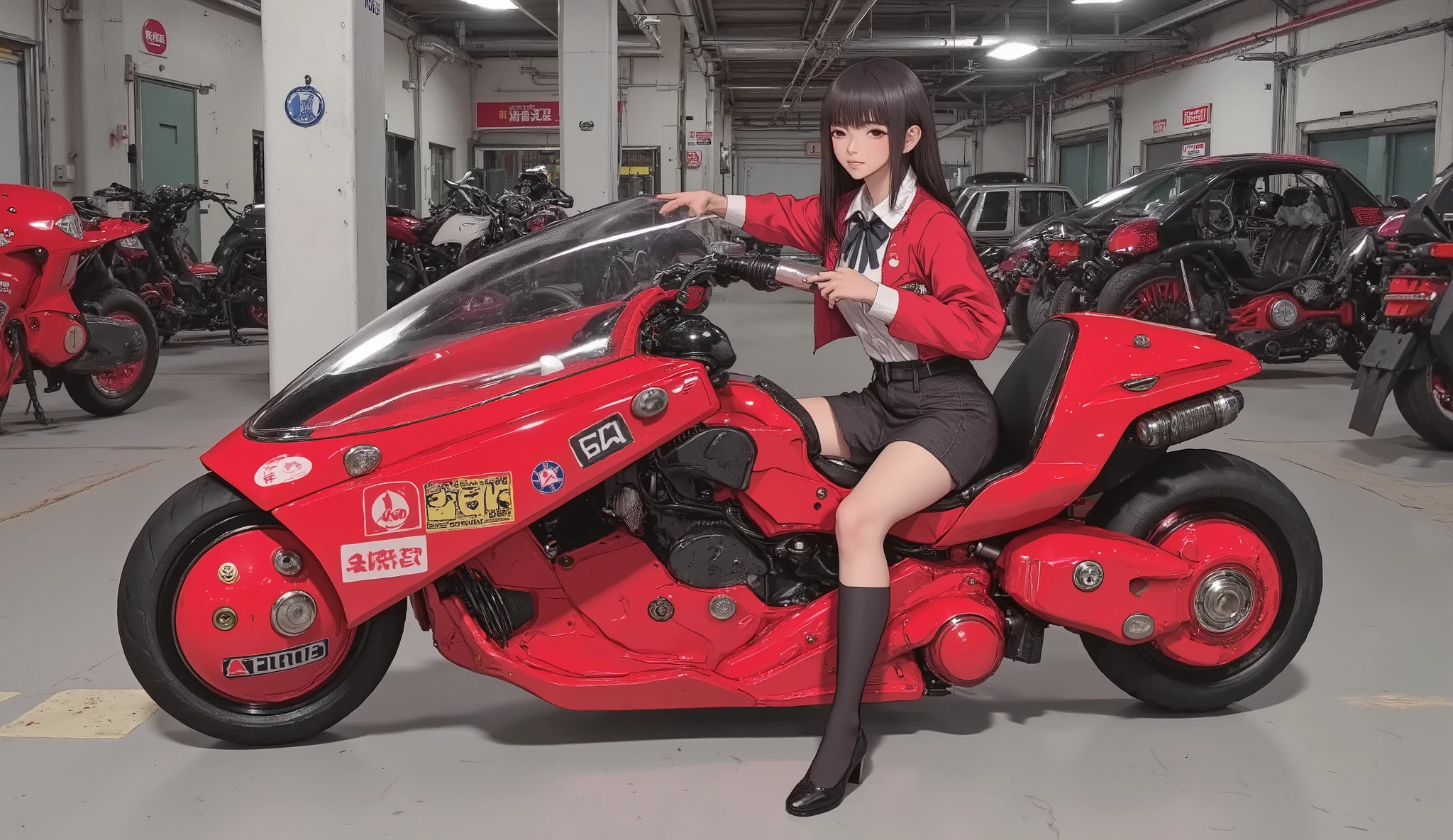Akira Slide 、 beautiful Japanese high school girl 、uniform, black hair, straight long hair、 hold and use a photo of stylish hair 、Akira Bike、 is anatomically correct、 expressway、 high resolution、 best image quality、 greatest masterpiece、