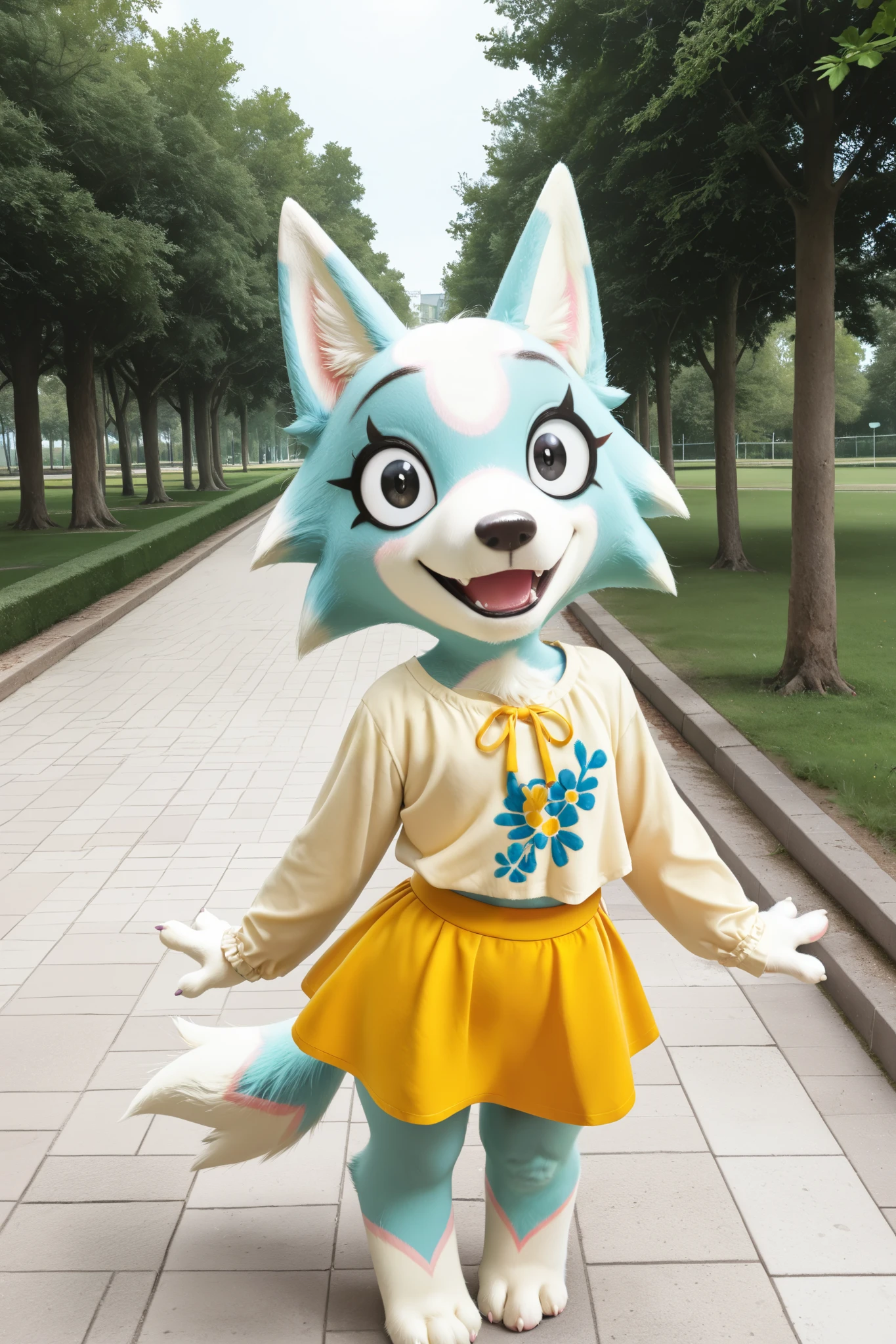 masterpiece, best quality, amazing quality, very aesthetic, high resolution, ultra-detailed, absurdres, newest BREAK Skye_AC, anthro, furry female, blue fur, wolf tail, black eyes, yellow shirt, yellow skirt, standing, looking at viewer, open mouth, smile, happy, outdoors, park