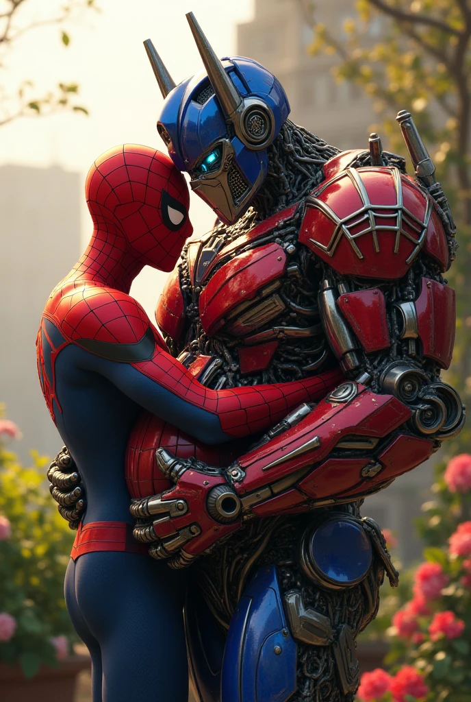Optimus Prime, Spider-Man, hugging, extremely detailed, cinematic lighting, dramatic atmosphere, metallic texture, superhero, dynamic pose, photorealistic, 8k, high quality, intricate details, vivid colors, sharp focus, stunning composition, powerful emotions, heroic, epic scale, cinematic framing, masterpiece