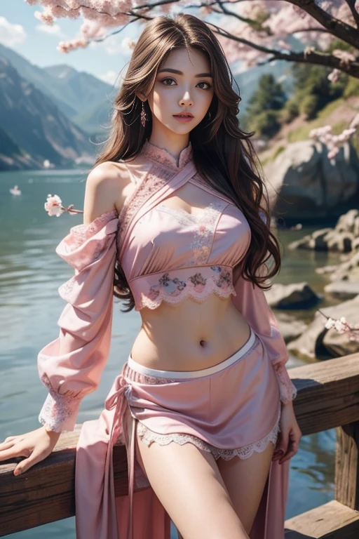 Fantasic Illustration, Masterpiece: 1.2, Highest Quality, Highres, 16k, Beautiful Detailed, Ultra-Realistic, Photo Realistic: 1.37, Beautiful Cute Girl, standing in English rose garden,under the rose arch, rose tattoo on arms, growing eyes, shining pupils, blushed cheek, shiny rosy lips, wearing Bikini top and wrapping skirt show off tattoo, delicate beautiful (hair, face, eyes, pupils, long eyelash), middle breasts,