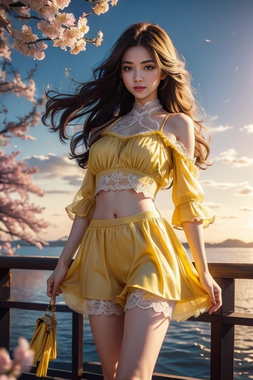 (masterpiece, best quality:1.5), highest quality, High resolution, super detailed, Realists, Full body photo of an asian 22 year old woman, detailed and beautiful eyes, beautiful detailed lips, very detailed eyes and face, longeyelashes, 22 year old woman in a chiffon top, Beautiful and colorful makeup, elegant and noble々Pose,shiny satin headband,, Office as background, bright daylight, bright colors, fine brushstrokes, Portrait style, beautiful color palette, glowing skin, First-class rendering, that captures every detail, enchanting atmosphere, (perfect anatomy:1.2), (The stunning woman wears a shoulder-free silk blouse and a short skirt (magnificent panorama view:1.2)