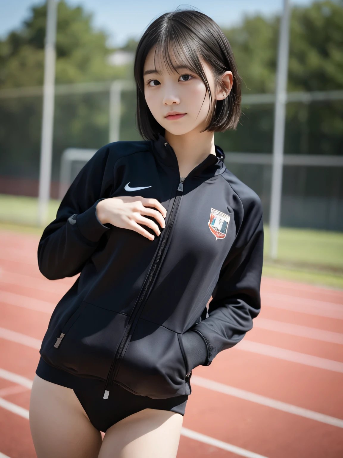 masterpiece, highest quality, 8K, (ars old:1.3) , RAW photo, disorganized, award-winning portraits, alone, noon, idol face, delicate face, Digital single-lens reflex camera, looking at the viewer, (shy face:1.3)、shame、(flushed cheeks:1.2)、thin arms, small breasts, nipples, small ass、thin waist、Frank, Sophisticated, like々New, thin arms, professional lighting, film grain, black eyes, chromatic aberration, (detailed eyes and face:1.0), (Bokeh:1.1),(hyper pretty face:1.3),(medium black hair,short bob:1.4),(school tracksuits:1.3),(white panties:1.4),(she is removing her pants:1.2), cute butt, above the knee, angle from side, in the school gymnasium