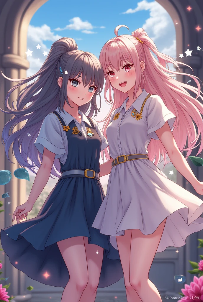 female twins, masterpiece, hair styles different, hair colors different, eye colors different, outfits different, standing side by side, school background,