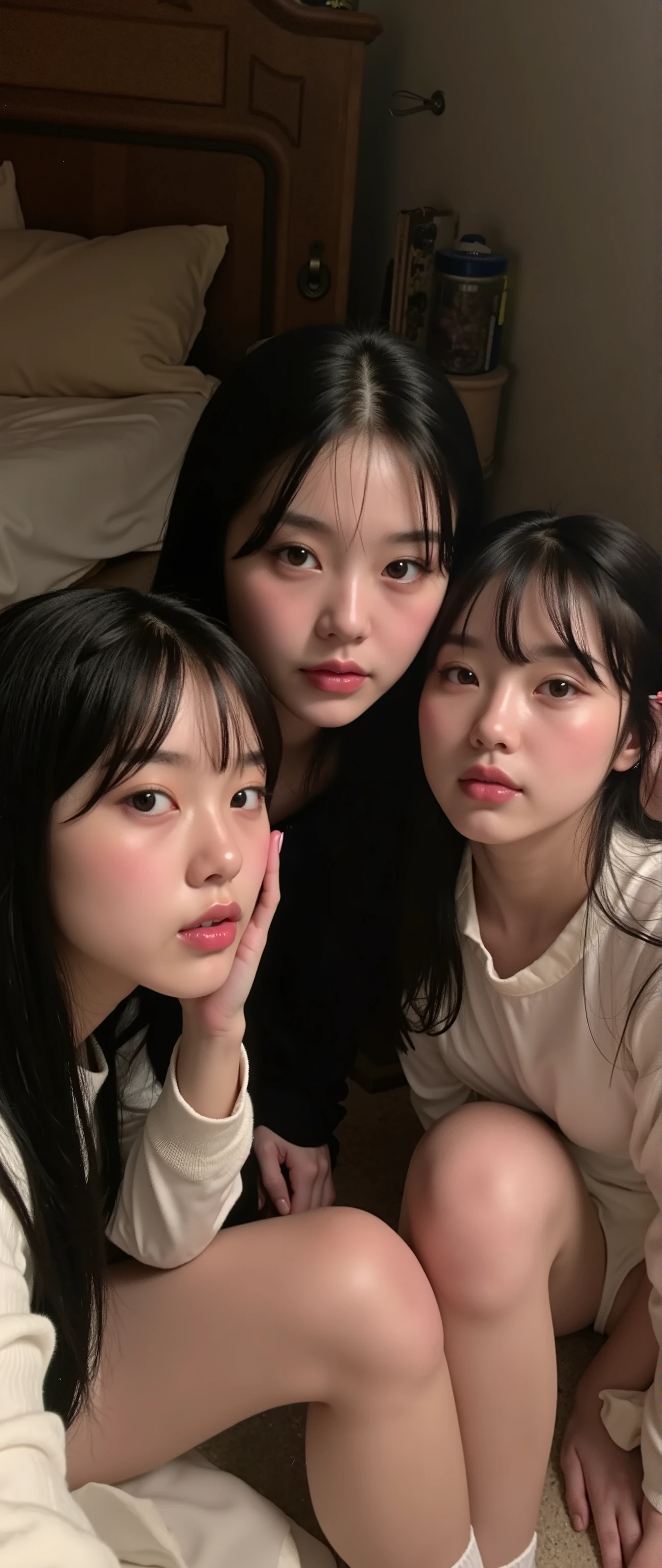 that, 3 garotaS, 3 irmãS, Selfie, S, Korean, Idol, thin , olhoS puxadoS, olhoS grandeS, franja Separada do lado direito , youthful appearance , light black hair , detalheS eyeS, student , ÍriS, Sorrindo, SorriSo, roSto arredondado, youthful appearance , Sentada na beira da , nudeS , eStética vintage ,roSto fofo, lábioS carnudoS, cabeloS longoS, volumoSo hair, luz media , luz Environment, agenda :night , reflexoS no Environment, Environment focado, looking for, Environment:Room, , Ser, ObjetoS, , olhoS reviradoS, poSSuida, with text: "nokeS369 "