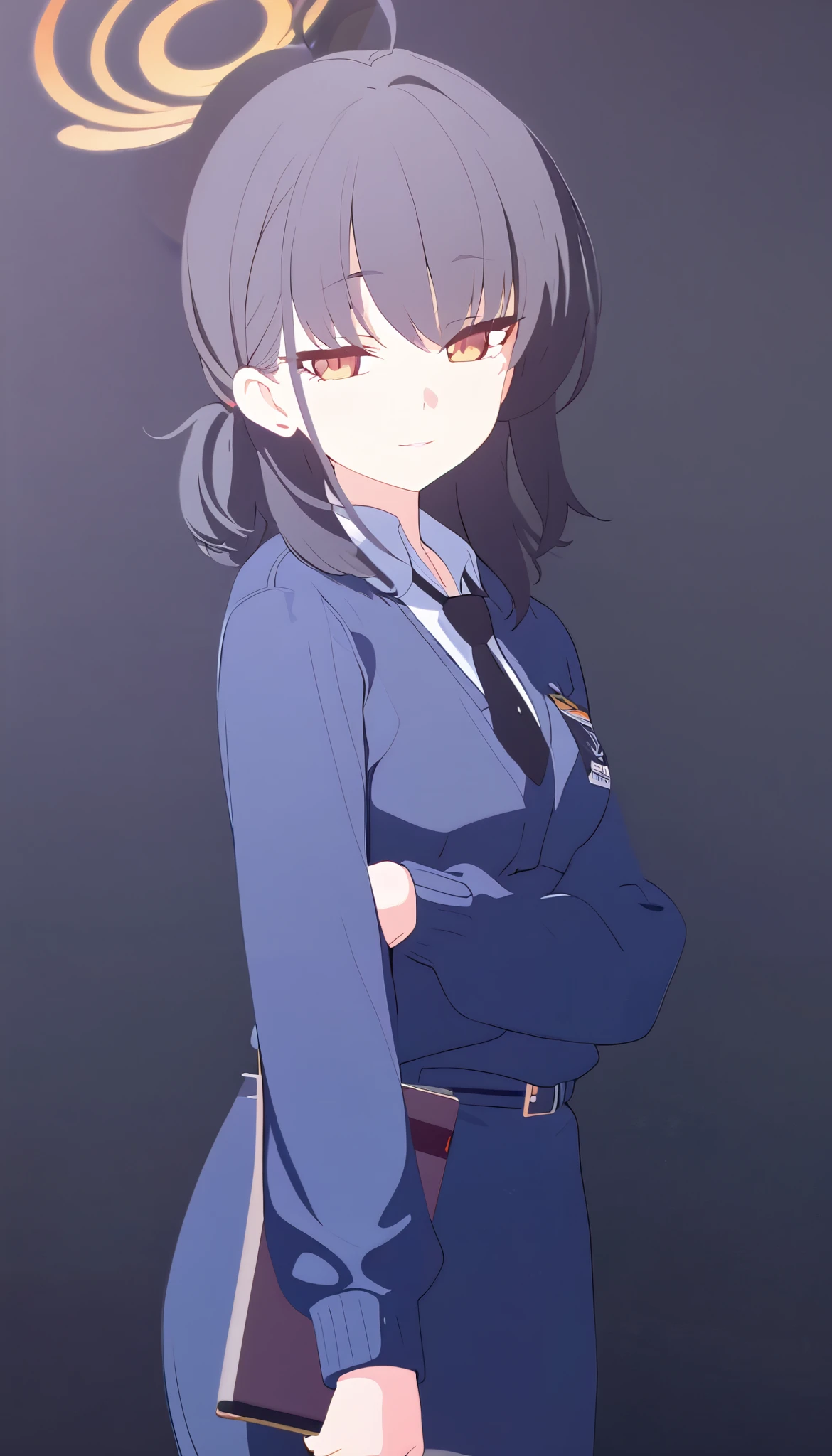masterpiece, high quality, 1girl, solo, black hair, medium hair, orange eyes, dim eyes, orange halo, small breast, subtly curved lips, blue uniform, black tie, standing, looking at viewer, warm, relaxed, calm, gentle soft smile, approachable, kind, attentive, casual, black background only