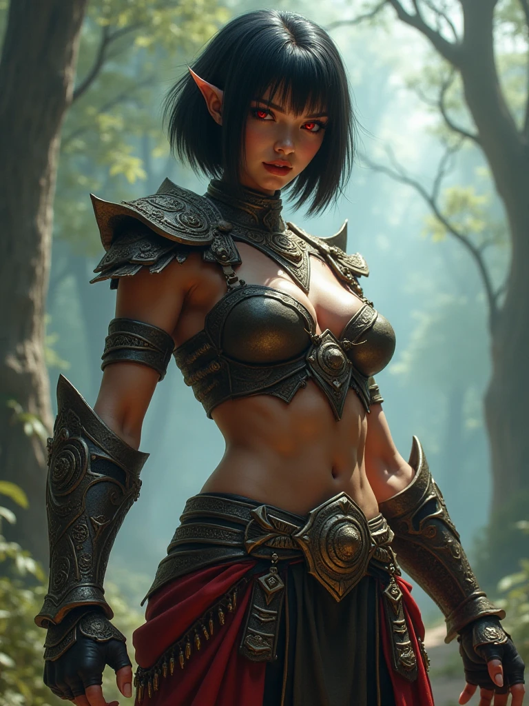 Beautiful 18 year old orc warrior female, (high definition)(hyper realistic)(wearing choker collar )(wearing earrings), medium juicy boobs, and juicy ass, wearing loin cloth skirt and T-shirt leather tank top )(battlearmor), (slender petite body)(hyper realistic long eyelashes, thick lips, lip gloss)(jumping with daggers in her hands)(smoke in background )