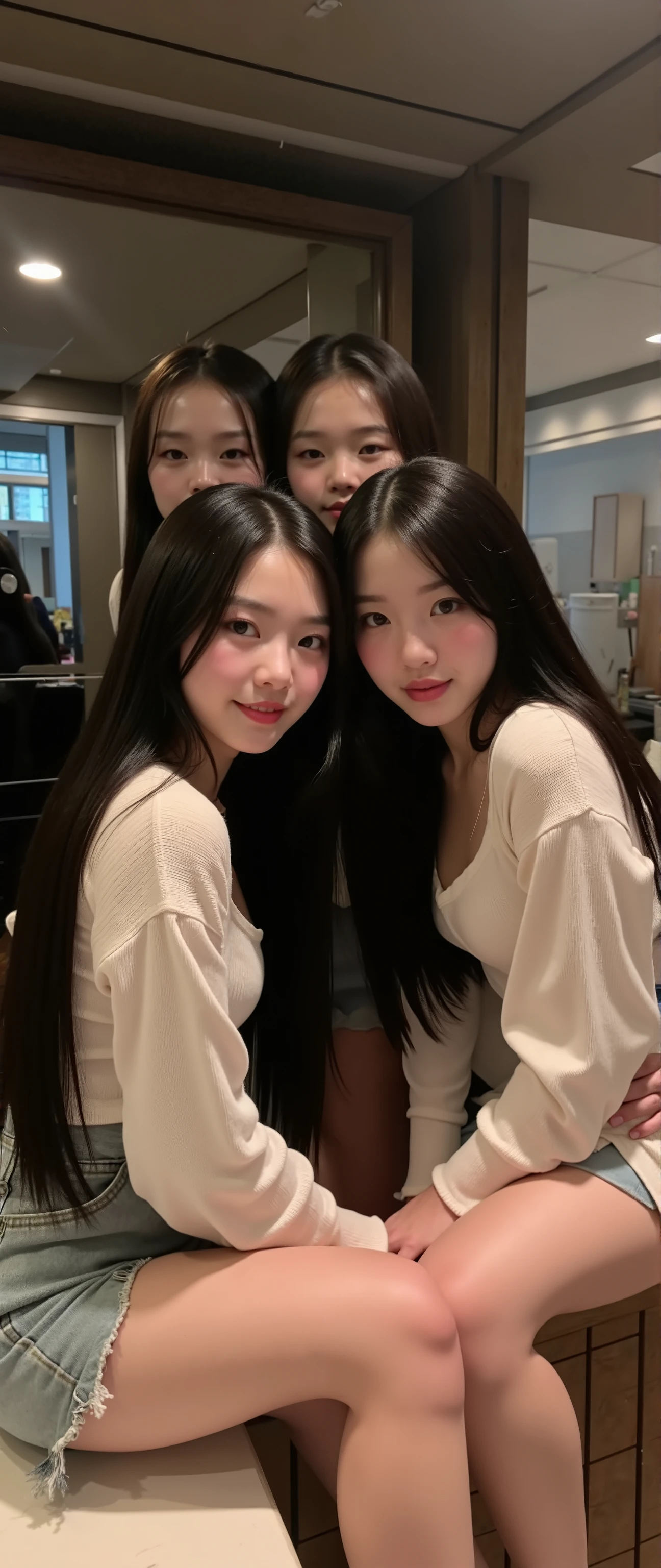 that, 3 girls, 3 sisters, Selfie, smile, smile bbonito, Teeth, smiling com os olhos, Korean, Idol, thin , slanted eyes, big eyes, fringe separated on the right side , youthful appearance , light black hair , details eyes, student , Iris , smiling, smile, rounded face, youthful appearance , sitting on the edge of the , nudes , vintage aesthetic ,cute face, full lips, long hair, volumoSo hair, luz media , luz Environment, agenda :night , reflexos no Environment, Environment focado, looking for, Environment:Room, , Be, objects, , rolled eyes, Possessed, with text: "nokes369 " Photo taken by a cell phone with Samsung Pocket 2012 filter