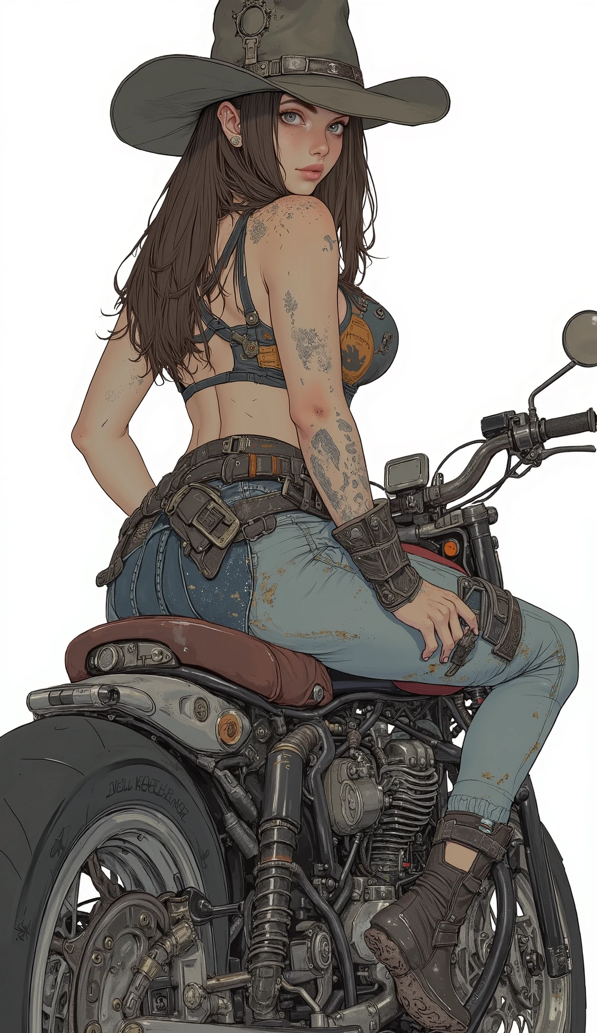  in the seat,  sexy, Enchantment,  blue eyes,  freckles,  closed her mouth,  smirking  ,  brown hair,  straight long hair、 cowboy hat、 sports bra、 denim hotpants for martial artists,Holster Belt、pump shotgun、 Moderate bust, Wide hips,  thighs, round ass,  from behind,Show your ass、martial arts household gloves 、 straddles large motorcycles、White background,
