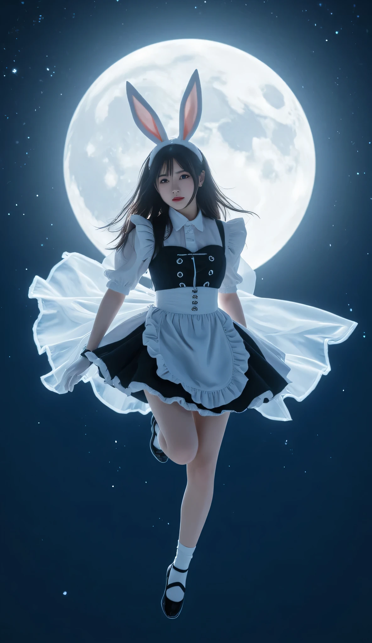 Studio Ghibli style, best quality, high resolution, 8k aesthetic, mesmerizing celestial moonlight, Α field of white flowers. A beautiful young woman in a blue dress damselpose, knees up, (gagged, cleave gag, knotted cleave gag:1.4), trees with white leaves rest in the background, bound with blue rope. Beuatiful eyes, make up, long eyelashes, red lips, french nose. the cloudy sky breaking to reveal the blue moon. rain is pouring across the landscape as heavy wind blows the white flowers that flood the ground. lightning strikes in the background directly hyper realistic. Epic scene like a dream. Leaves are fluttering around the women. The world is majestic with wildlife showing up to listen. Deer laying near by watching and listening to the female. As she lays on a river her dress made of beautifully detailed water. Bunnies rest by the river watching her. Beautiful masterpiece of art. beautiful contrast of the light along the water which has an incredible reflection. Laying on water. dress made of water on the female. high aspect ratio. beautiful composition. detailed textures. realistic. beautiful detailed moon.