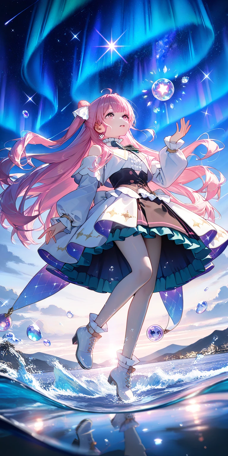1girl\(cute,kawaii,chibi,student, young, hair\(short,silver,floating\), cosmic eyes, pale skin, (looking up),(close-up girl),full body\). BREAK .(crystal clear bubbles\(shining prism,in the sky\), beautiful universe, (photo-realistic huge beautiful colorful aurora:1.2),high color saturation, ground\(made of water, reflecting aurora\), many colorful (realistic crystal flowers:1.2) blooming everywhere, (shiny wind flow), stars sparkle, from below,dynamic angle. (fish-eye lens:1.2). BREAK .quality\(,masterpiece, high score, great score, very aesthetic, high resolution, ultra-detailed, absurdres, newest, scenery, depth of field, fairytale, dreamlike\)