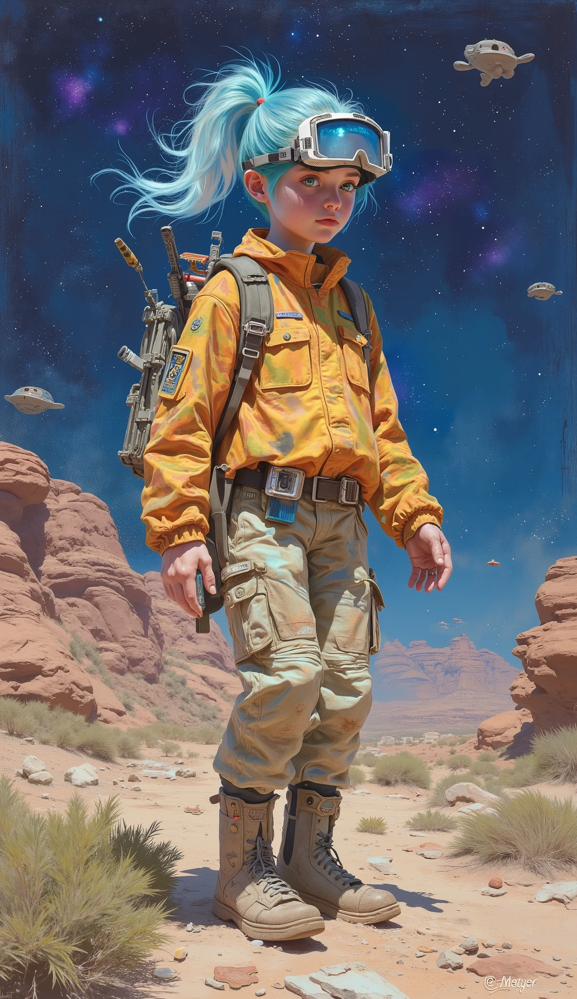 full body. A -yeld te Vibrant blue hair, tied in a messy ponytail , protective goggles over your forehead. skin is light, a speckled with freckles, and your cybernetically enhanced eyes glow slightly with a bluish intensity. Utility jacket and backpack with technological trinkets. Boot for adventure. digital painting style with watercolor textures and distressed lines, earthy color palette with metallic details and touches of blue and purple in the night sky. Focus on the boy in the foreground , with a slightly blurred background to create depth , Inhospitable planet , Star Wars style.