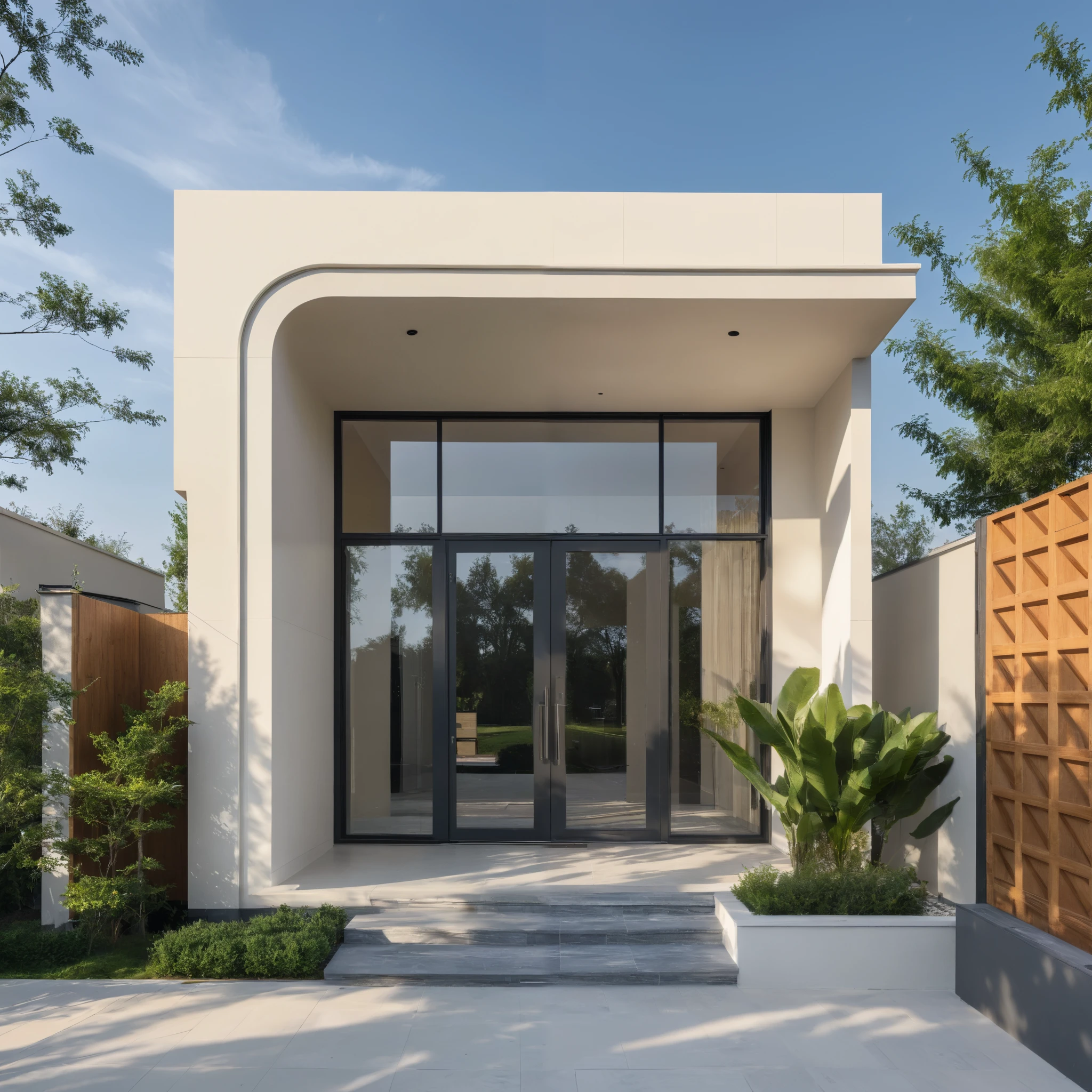 1 morden WHITE house,1large yard, 1 road runs in front of the house, (RAW photo, real, best quality, masterpiece:1.2), look morden minimalist, 1 road in front of the house, the exterior of an elegant single family home features large windows, ((a dark gray door frame)), dynamic lighting:1.3, (hyper realistic, photo-realistic:1.2), high quality, (dark lighting:1.2), perfect lighting, archdaily, no human, light at 12 noon, warm light in door:1.4, blue sky:1.3, shimering lighting:1.2, 