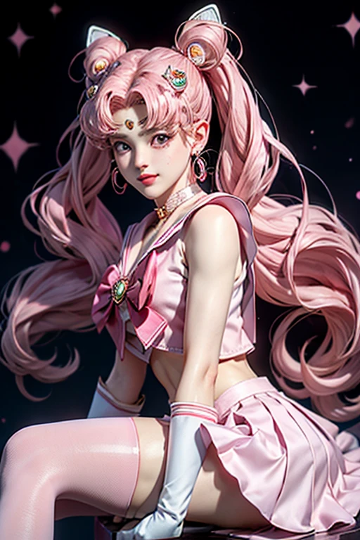 masterpiece, highest quality, Absurd, Perfect Anatomy, , One girl, alone, Moon, 1990s \(style\), sailor chibi moon Pink Hair, pink pupil, Sailor Warrior Uniforms, Magical girl, Pink Eyes, Pink Skirt, Elbow-length gloves, tiara, Pleated skirt, Hair ribbons, Pink Hair, Twin tails, pink sailor necklace, mini skirt, choker, Red Bow, Pink choker, White gloves, jewelry, Micro Thong Earrings Butt, (1990s \(style\):0.9), Detailed aspect, Sitting, Crossing your legs , Show off your loot, (No laces) Big Ass, smile.