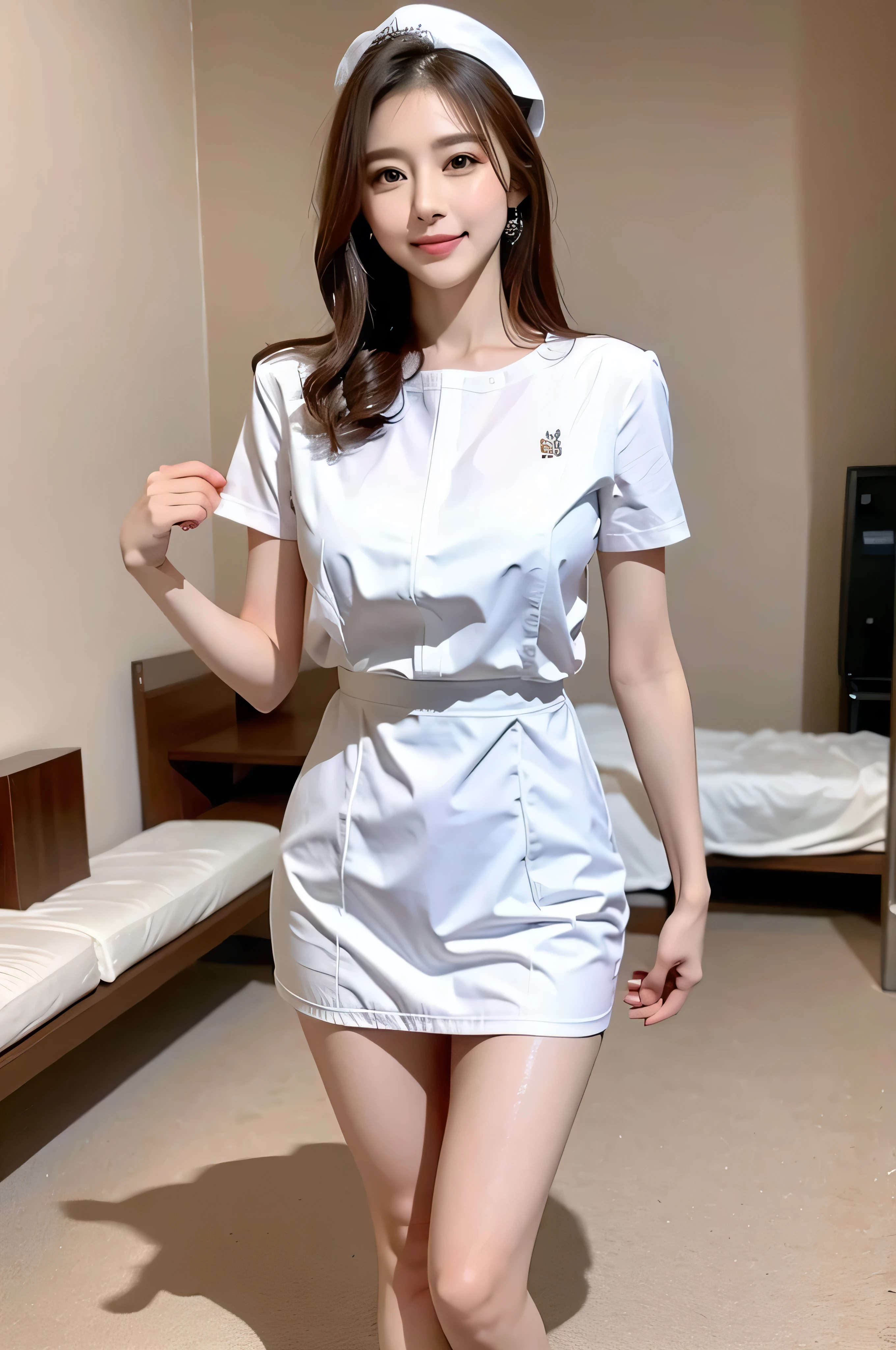 (32K:1.9, Highest quality, masterpiece, Ultra-high resolution), Professional camera work:1.3, Very detailedな肌と顔の質感:1.3, Always accurate, Very detailed, ((25 talents, nurse, A dark room in a large hospital:1.4, The moonlight at night illuminates the room:1.2)), (Big breasts on the verge of bursting, Tight white nurse uniform:1.3, Incredibly slim body), Fair skin, elegant, sense of cleanliness, Sensual pose, (Big eyes that exude beautiful eroticism:0.4, A shy smile:1.0, I love you with all my heart:0.8, Open your mouth a little, lipstick, Feel the beautiful eroticism:0.9), (Dark brown medium hair), Stethoscope, Earrings, necklace, bracelet, (romantic, mysterious), Object of admiration, original, dramatic, artistic, Innovative, charm, Heartful, Fancy, sense of openness, special, exciting, Extreme, Tilt, sense of loss, sorrow, sorrowの表現, ((若さのcharm, 女性的なcharm))