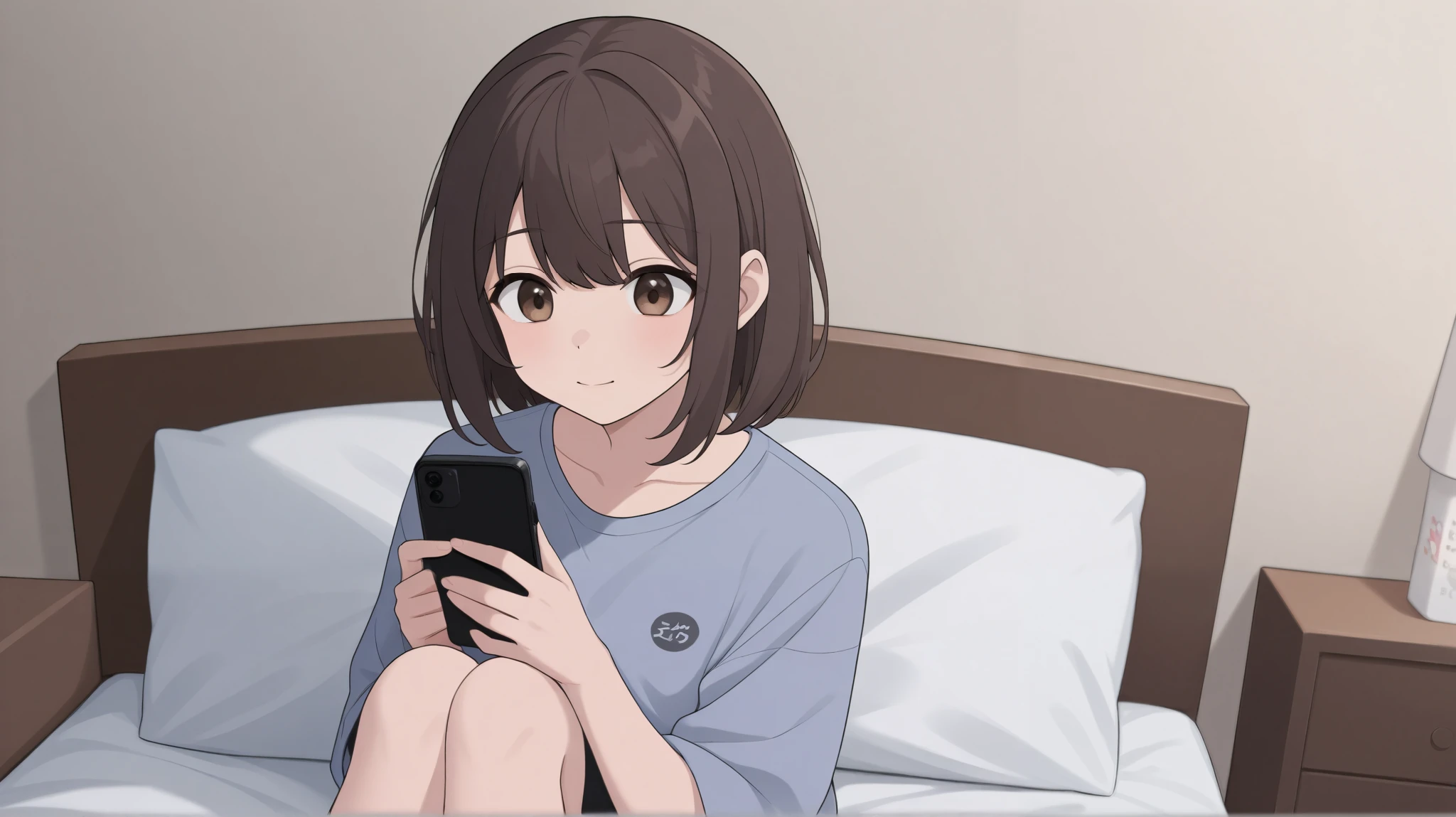 A girl with dark brown hair is sitting on her bed watching a video on her smartphone
