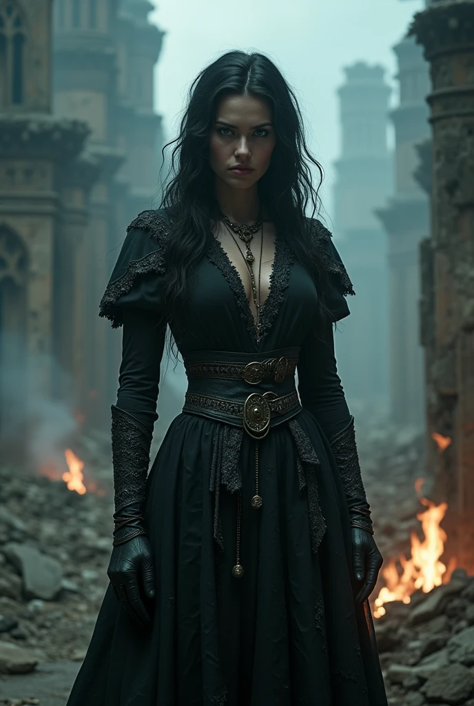 a detailed image of Vengerberg's character Yennefer, played by actress Anya Chalotra, with a piercing and intense gaze. Her black hair in the wind, dancing with the magical energy that surrounds her. Wearing Yennefer's iconic and original outfit, every detail is meticulously depicted. The image depicts Yennefer full-length in a background of a medieval city fleeing in flames, symbolizing the chaos and destruction that surrounds her