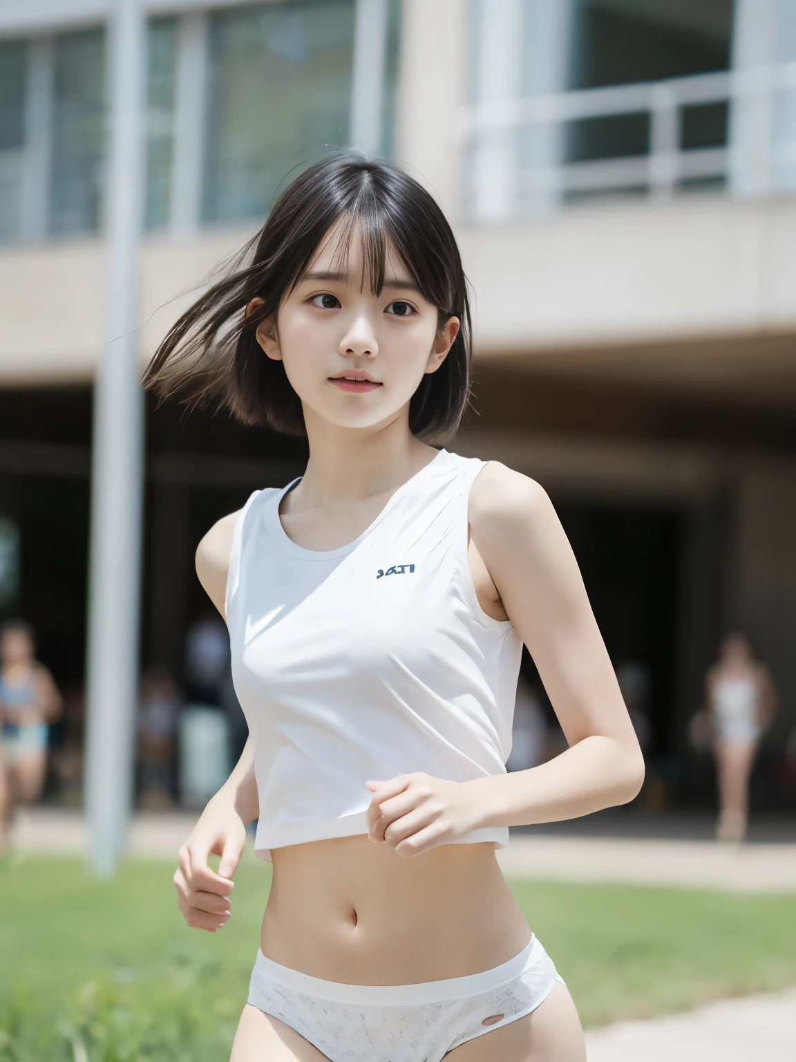 masterpiece, highest quality, 8K, (ars old:1.3) , RAW photo, disorganized, award-winning portraits, alone, noon, idol face, delicate face, Digital single-lens reflex camera, looking at the viewer, (shy face:1.3)、shame、(flushed cheeks:1.2)、thin arms, small breasts, nipples, small ass、thin waist、Frank, Sophisticated, like々New, thin arms, professional lighting, film grain, black eyes, chromatic aberration, (detailed eyes and face:1.0), (Bokeh:1.1),(hyper pretty face:1.3),(medium black hair,short cut:1.4),(sleeveless running shirts:1.3),(white panties:1.4),cute butt, above the knee, angle from side, in the school gymnasium, looking at the viewers