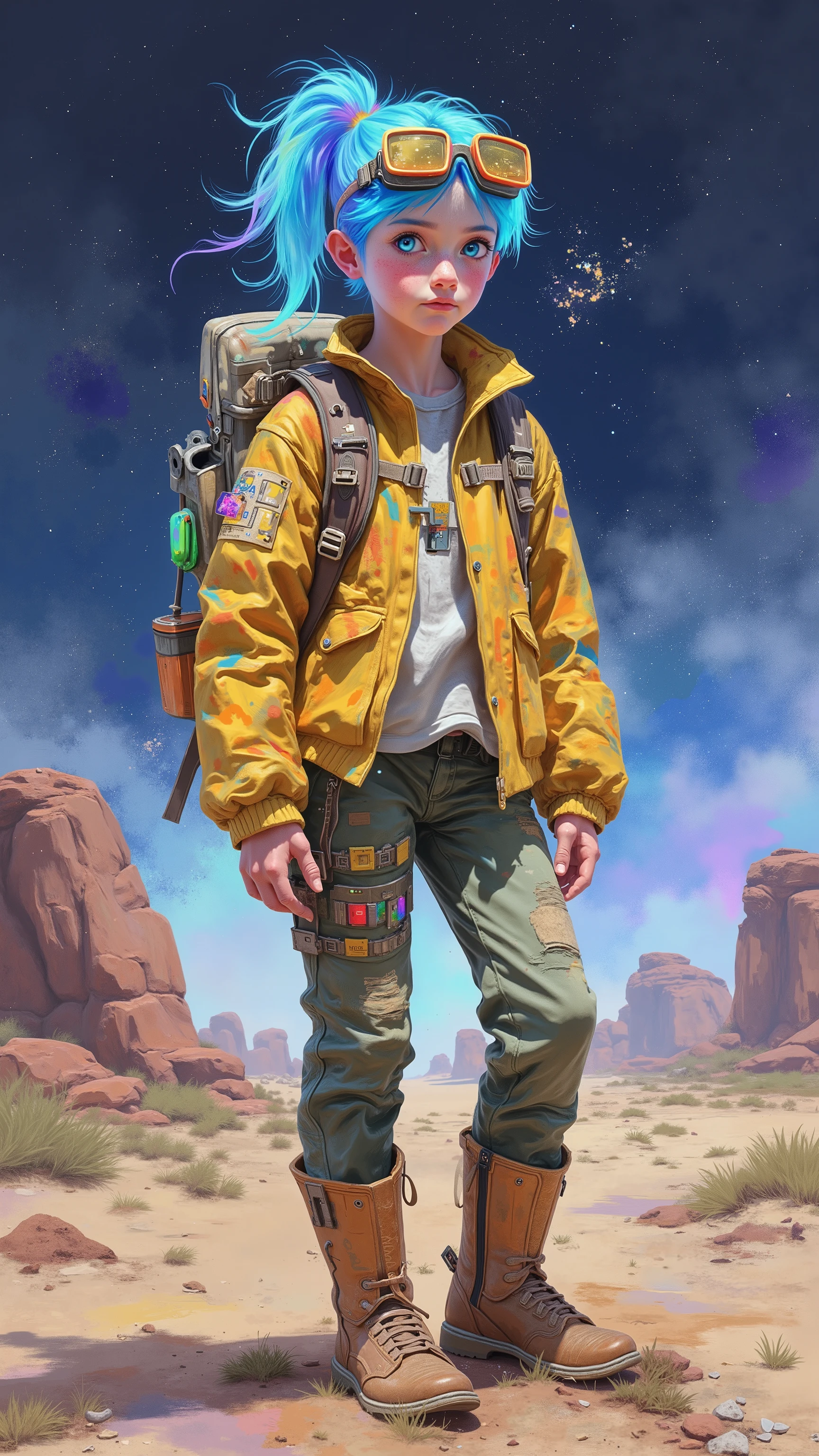 full body. A -yeld ag. Vibrant blue hair,  tied in a messy ponytail , protective goggles over your forehead. skin is light, a speckled with freckles, and your cybernetically enhanced eyes glow slightly with a bluish intensity. Utility jacket and backpack with technological trinkets. Boot for adventure.  digital painting style with watercolor textures and distressed lines,  earthy color palette with metallic details and touches of blue and purple in the night sky.  Focus on the boy in the foreground ,  with a slightly blurred background to create depth , Inhospitable planet , Star Wars style.