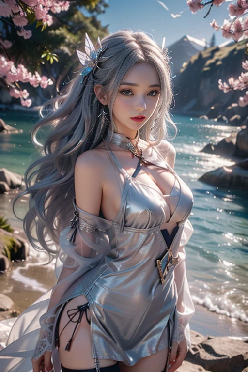 (msterpiece:1.3), (8k, RAW photo, best quality: 1.4), beautiful face, beautiful hairstyle, beautiful detailed eyes, beautiful skin, absurdres, attractive, ultra high res, highly detailed,NSFW, 3 girls in abandoned underground basement, big breast,facial close up,necklace,arms behind back,evil smile,knife,light long hair, ultra detailed skin,Heavy makeup, flower hairpin, naked,colorful patterned lace dress, dirty ground,on a rock,bondage,dirty rock,half body,