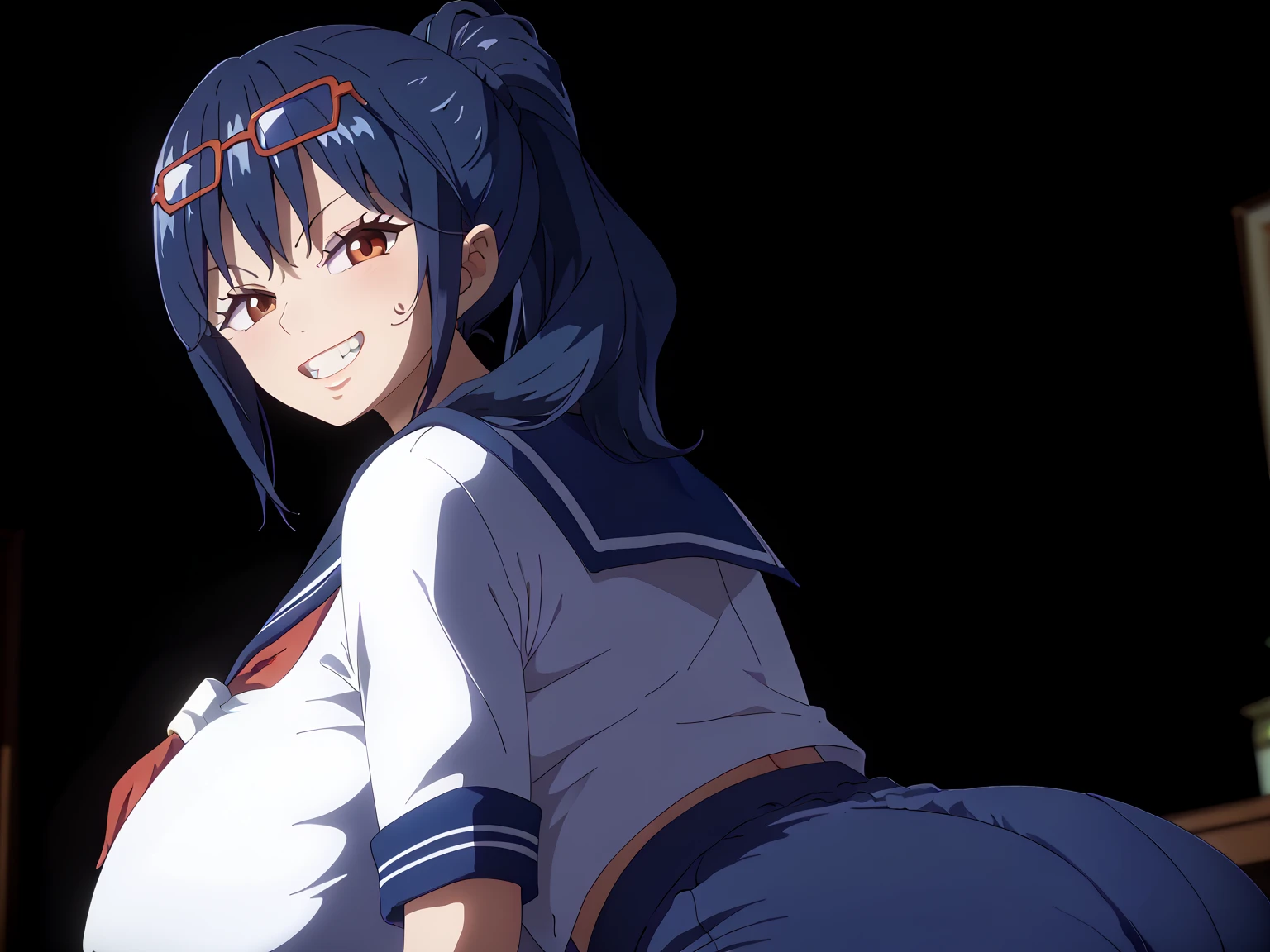 ((highest quality)), ((masterpiece)), (detailed), (16k high definition anime), Anatomically perfect body,Himari Noihara, 1girl,One girl、Perfect Face、Cute face、Beautiful Face、smile、Beautifully detailed eyes、blue eyes、Black Hair、Long Hair、ponytail、Red ribbon、(Large Breasts:1.3)、Beautiful cleavage、(sailor suit top、Short length), Beautiful cleavage、She is holding a Japanese sword between her breasts.、(Sailor skirt), Sometimes punch、Smooth body lines、Wide hips、Big ass、High Body、Beautiful long legs、Sitting、Get down on one knee、Beautiful pose、View your viewers、Classroom Background、Above-the-knee photos、