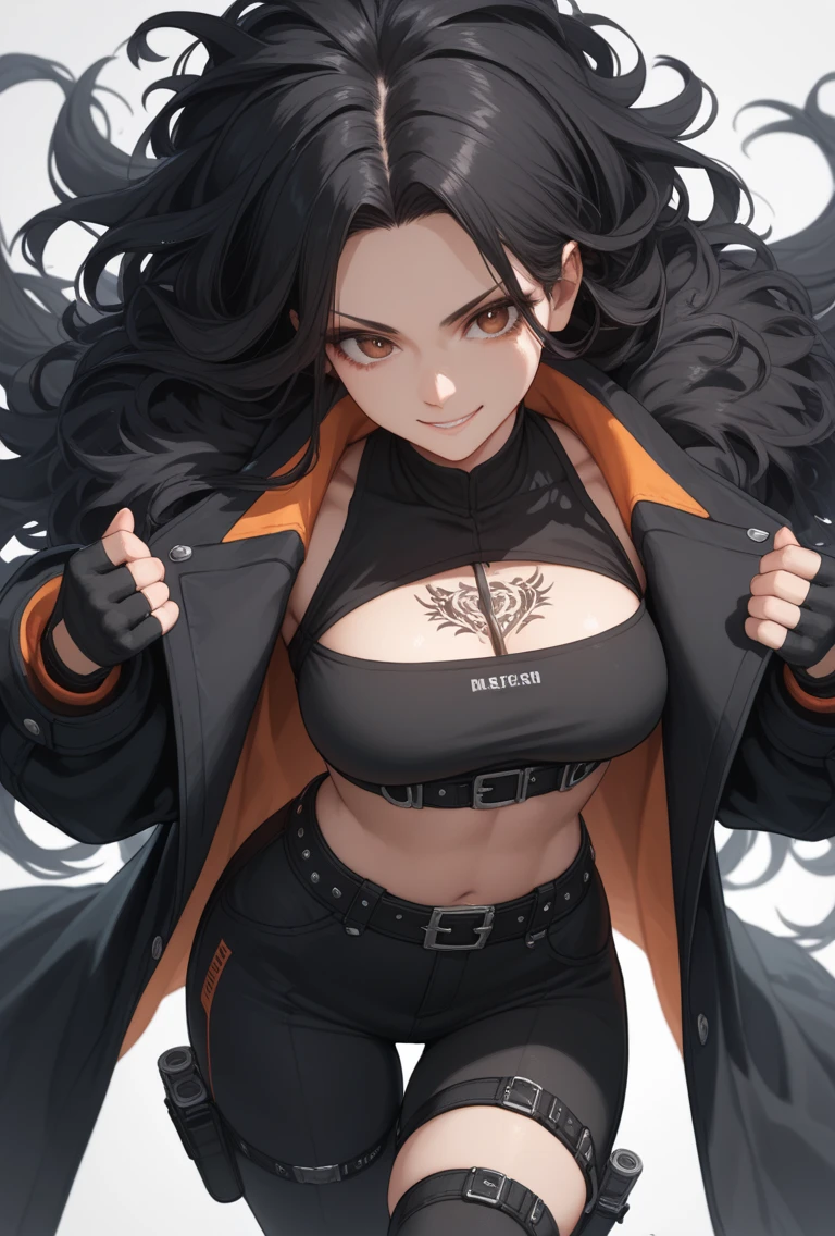 Extremely angry tomboy girl ,super attractive and strong personality black coat outfit and black white hair,red eye athletic body 